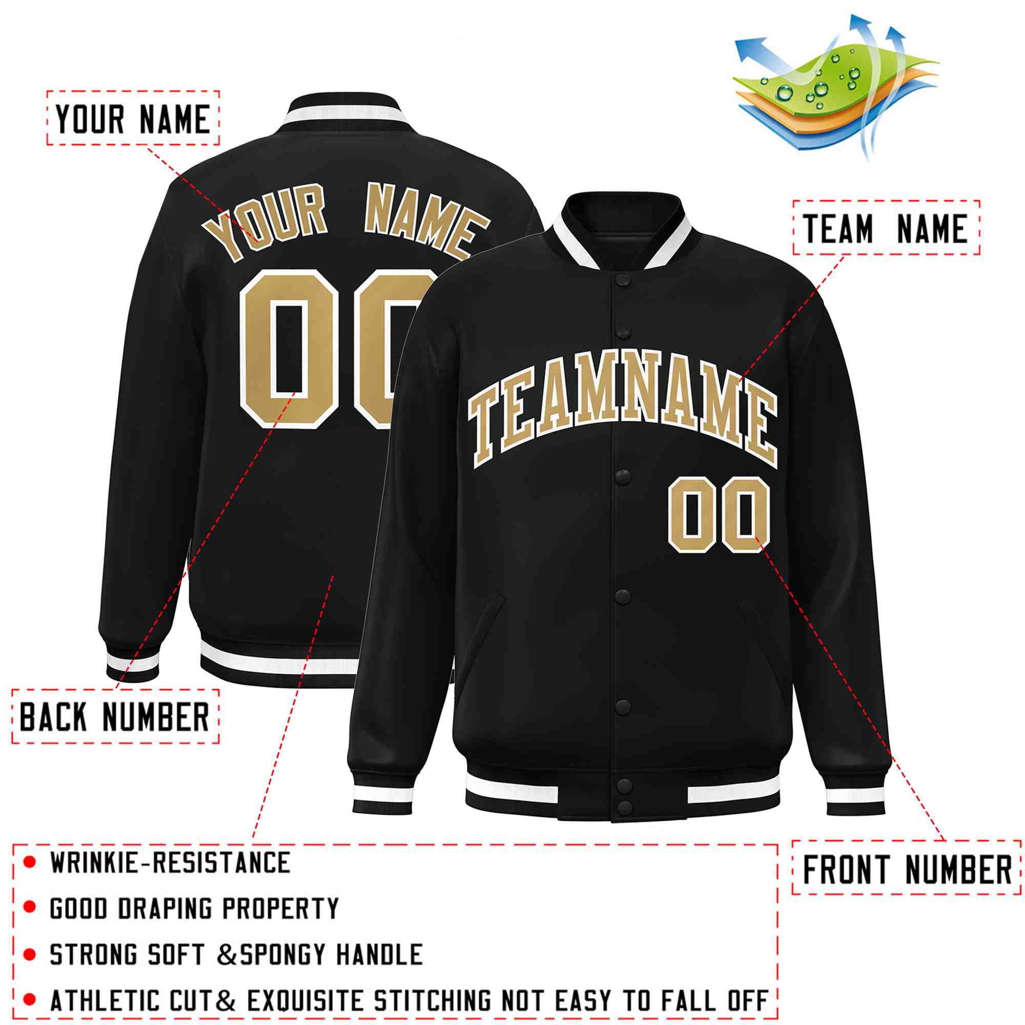 Custom Black Old Gold-White Classic Style Varsity Full-Snap Letterman Jacket