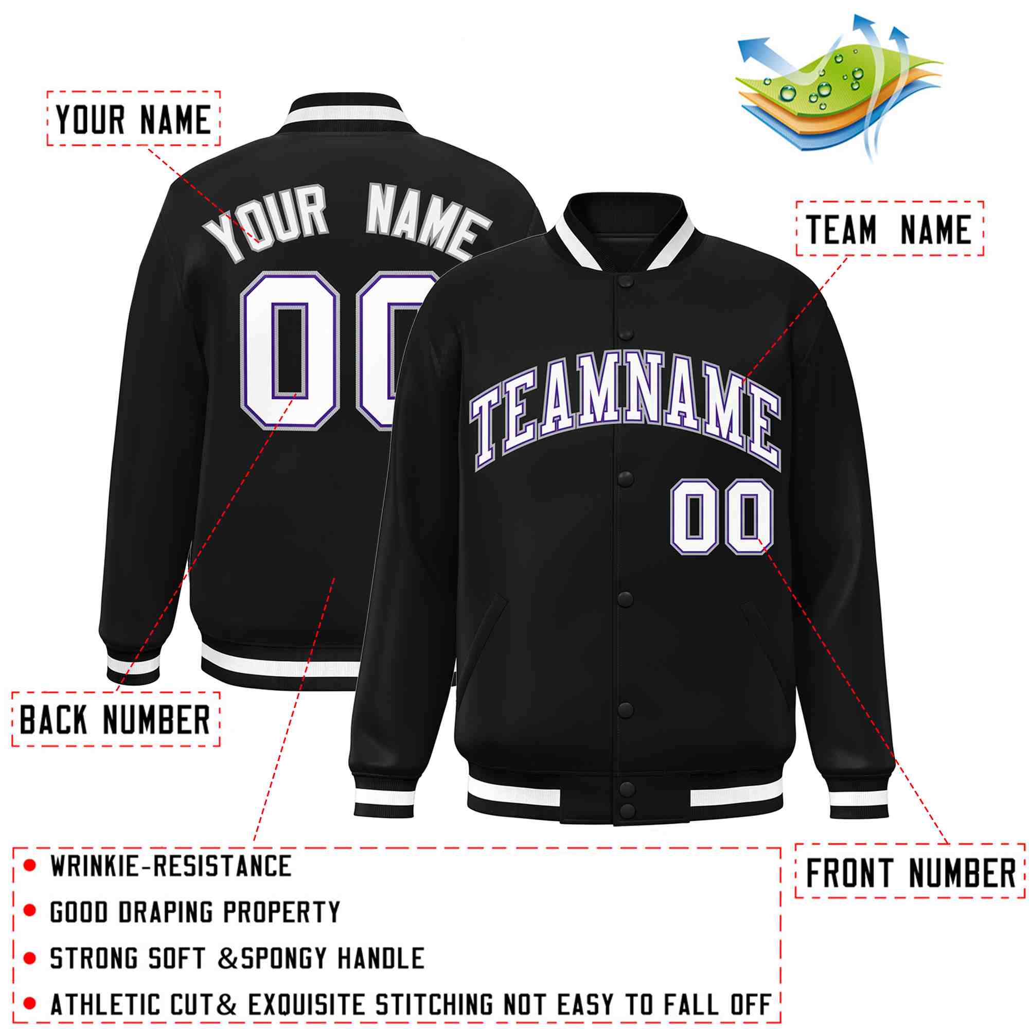 Custom Black White-Purple Classic Style Varsity Full-Snap Letterman Jacket