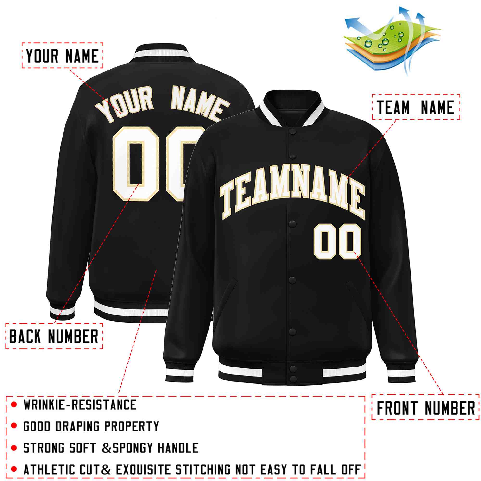 Custom Black White-Khaki Classic Style Varsity Full-Snap Letterman Jacket