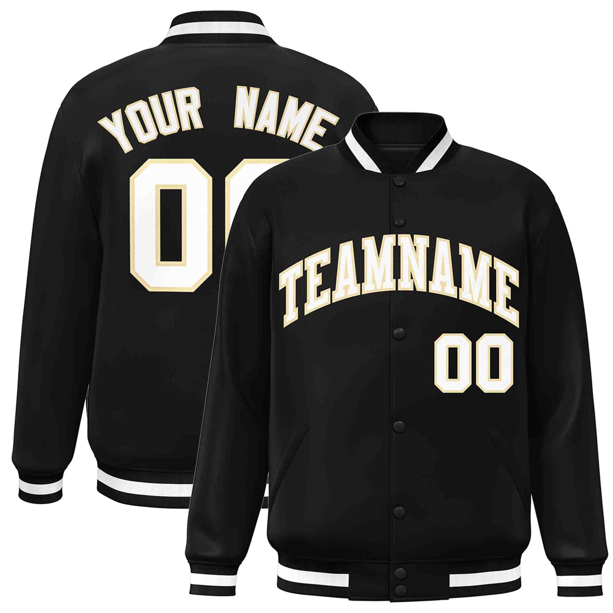 Custom Black White-Khaki Classic Style Varsity Full-Snap Letterman Jacket