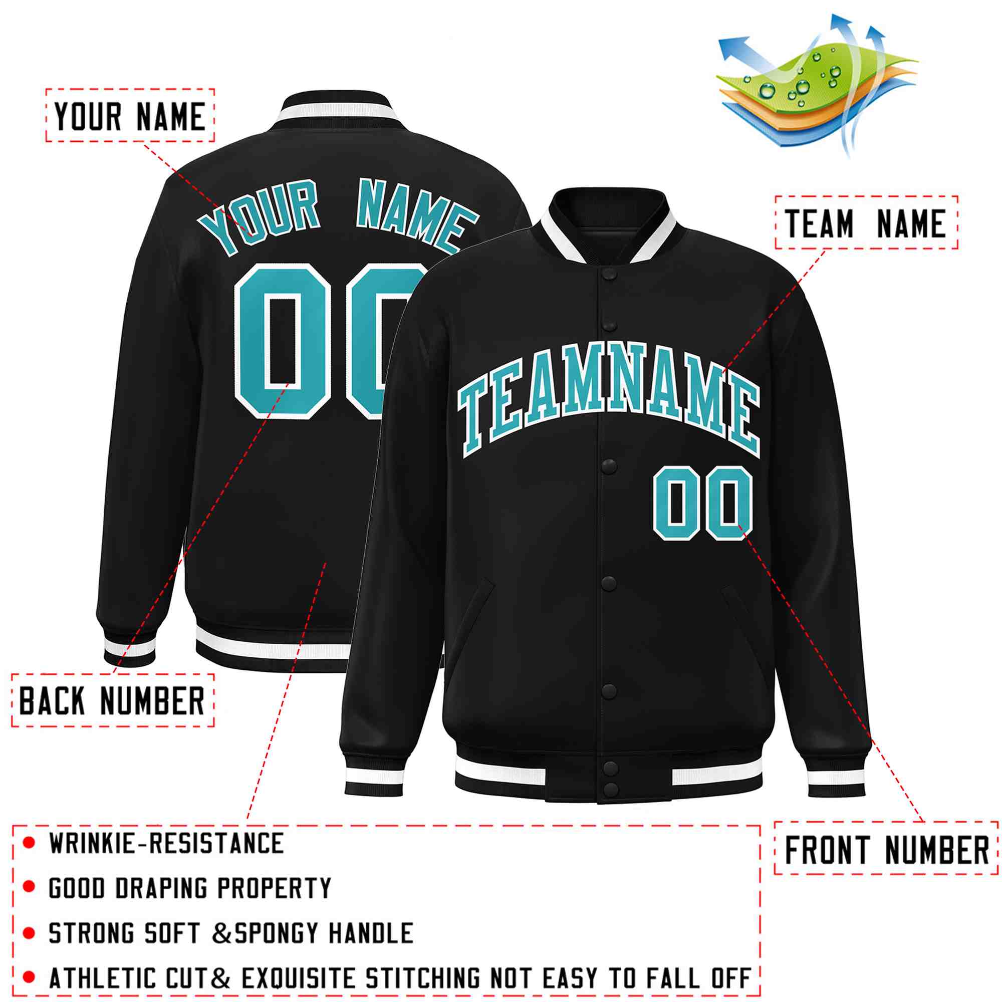 Custom Black Aqua-White Classic Style Varsity Full-Snap Letterman Jacket