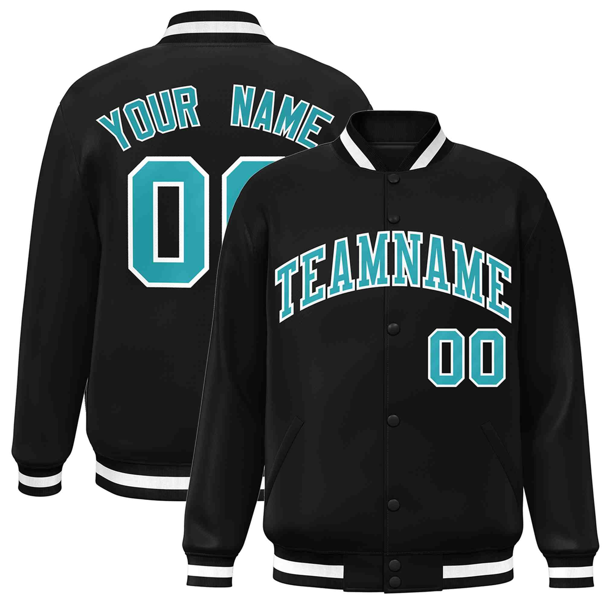 Custom Black Aqua-White Classic Style Varsity Full-Snap Letterman Jacket