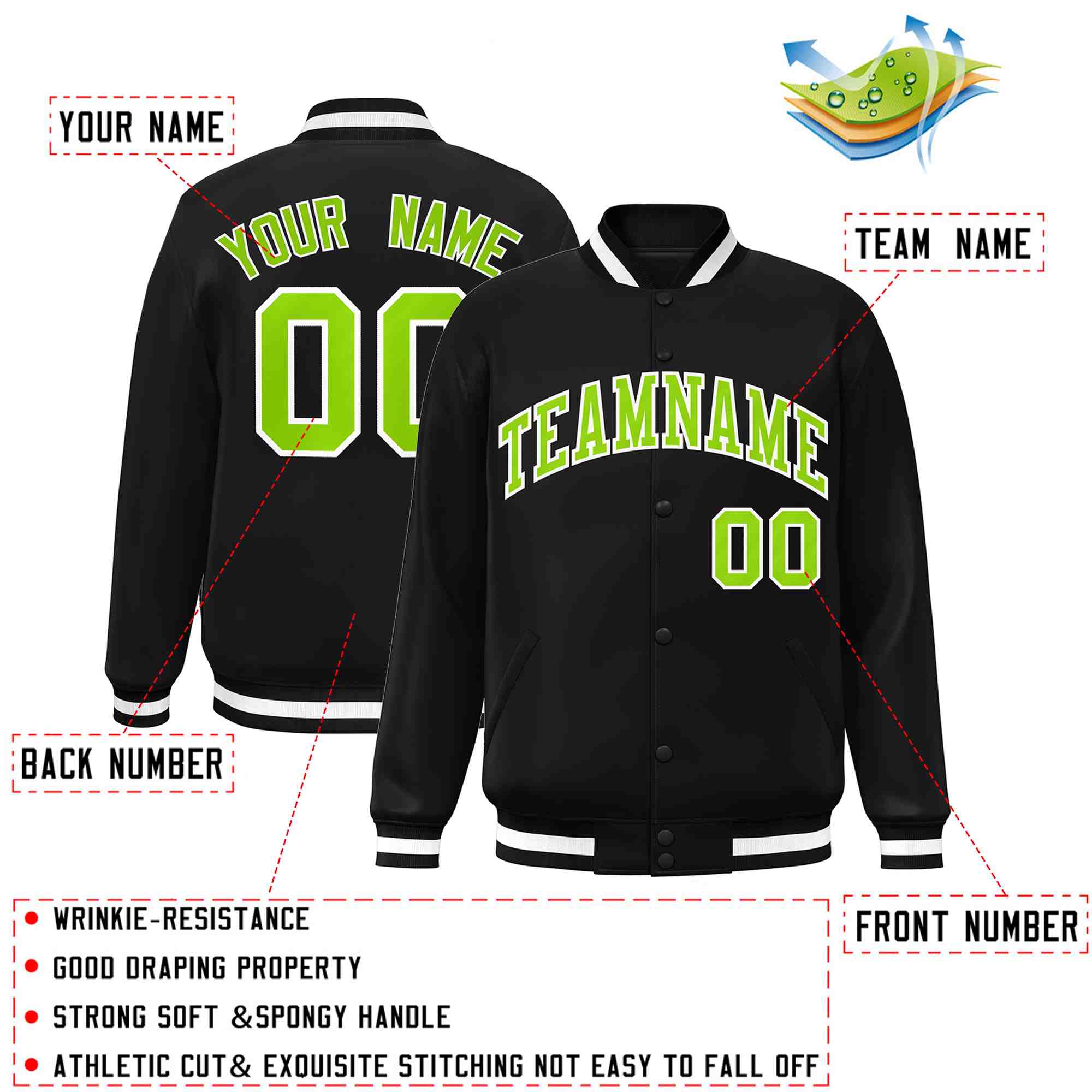 Custom Black Neon Green-White Classic Style Varsity Full-Snap Letterman Jacket