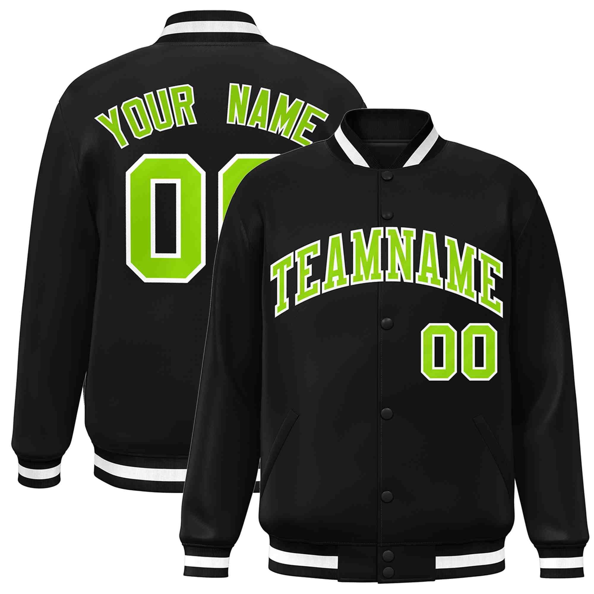 Custom Black Neon Green-White Classic Style Varsity Full-Snap Letterman Jacket