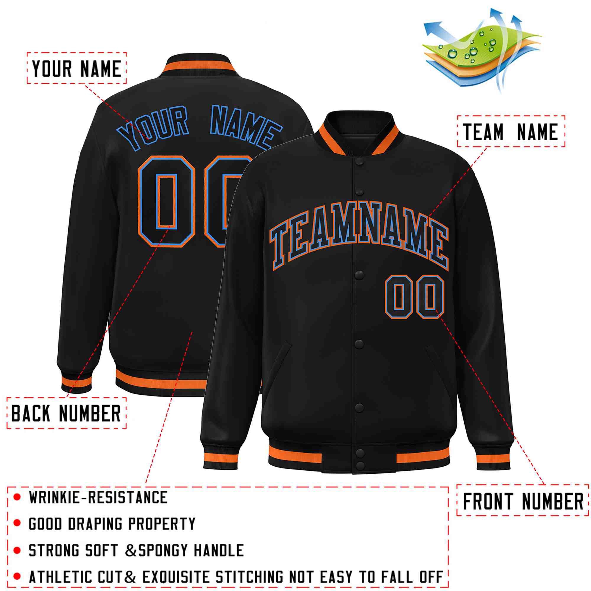 Custom Black Black-Powder Blue Classic Style Varsity Full-Snap Letterman Jacket