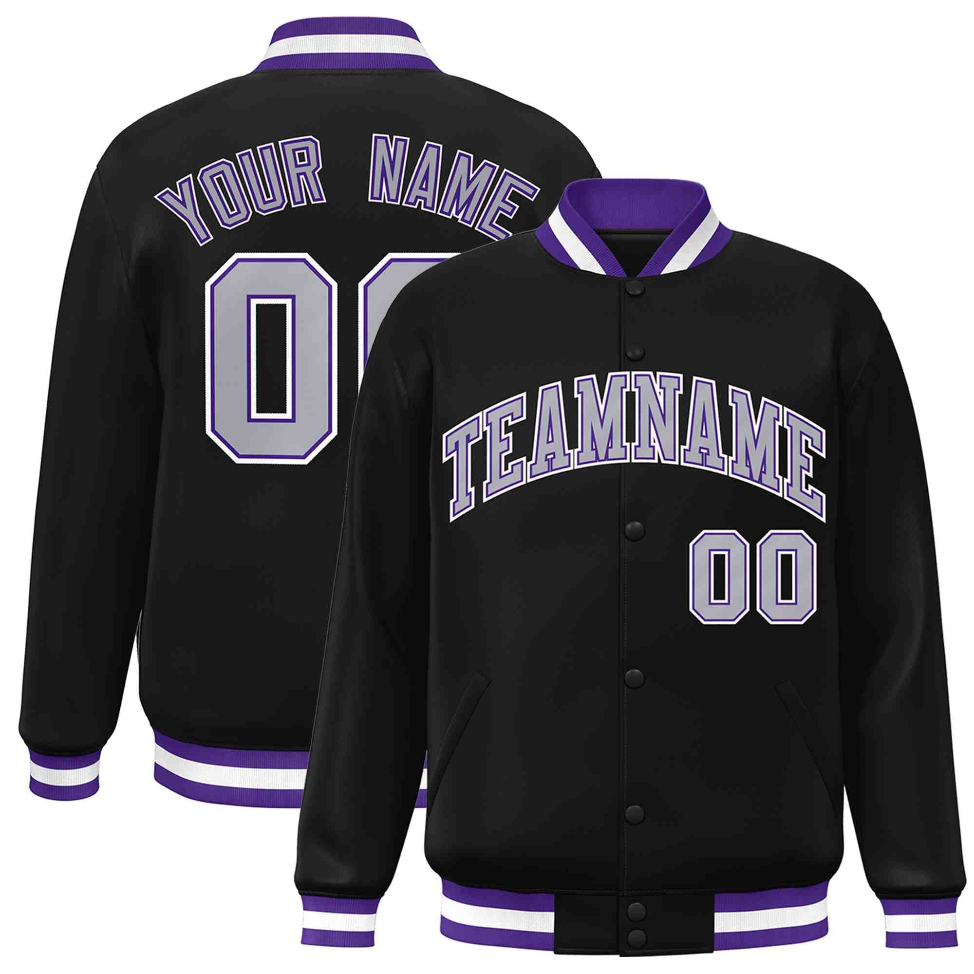 Custom Black Gray-Purple Classic Style Varsity Full-Snap Letterman Jacket