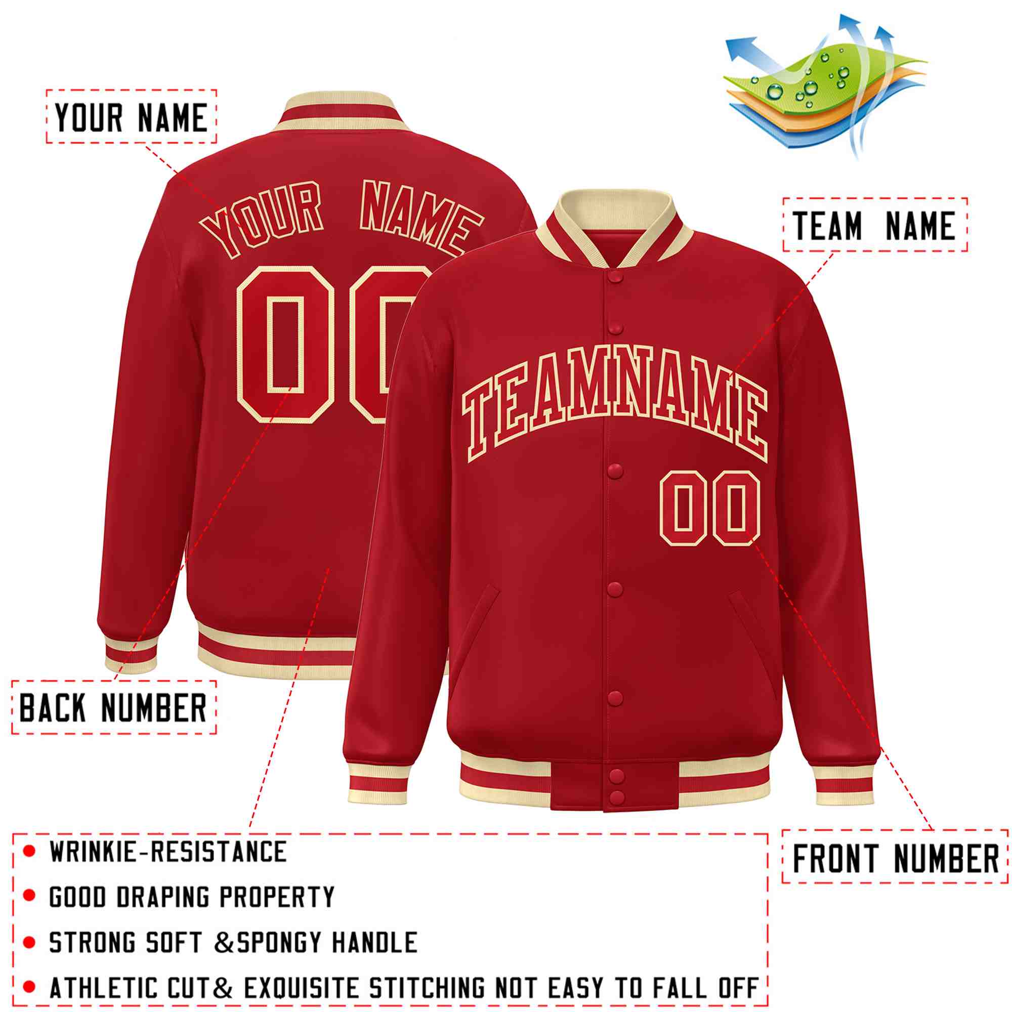 Custom Red Red-Khaki Classic Style Varsity Full-Snap Letterman Jacket