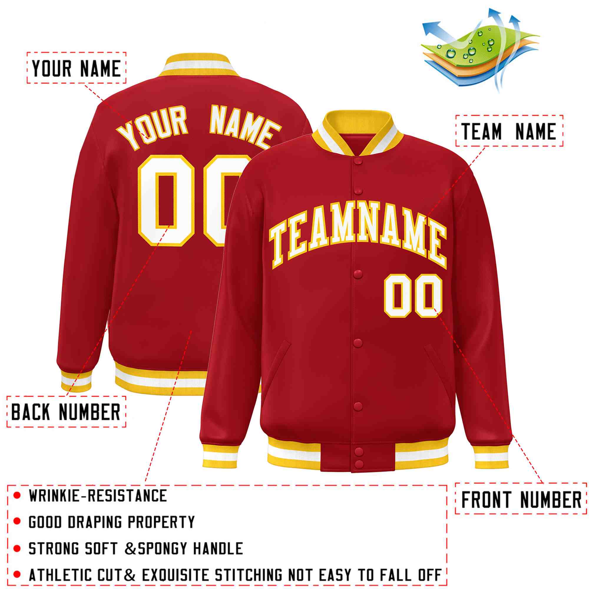 Custom Red White-Gold Classic Style Varsity Full-Snap Letterman Jacket