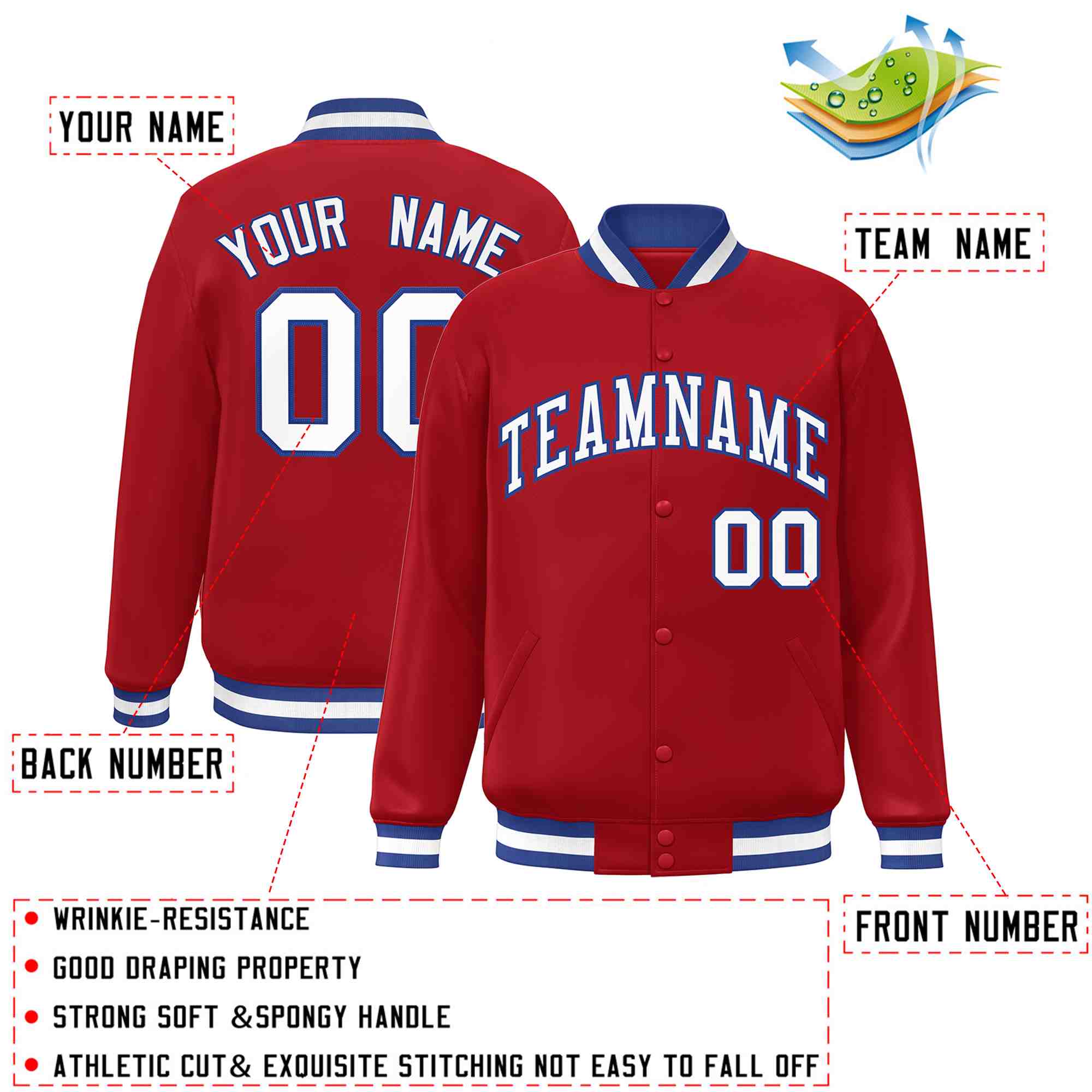 Custom Red White-Royal Classic Style Varsity Full-Snap Letterman Jacket