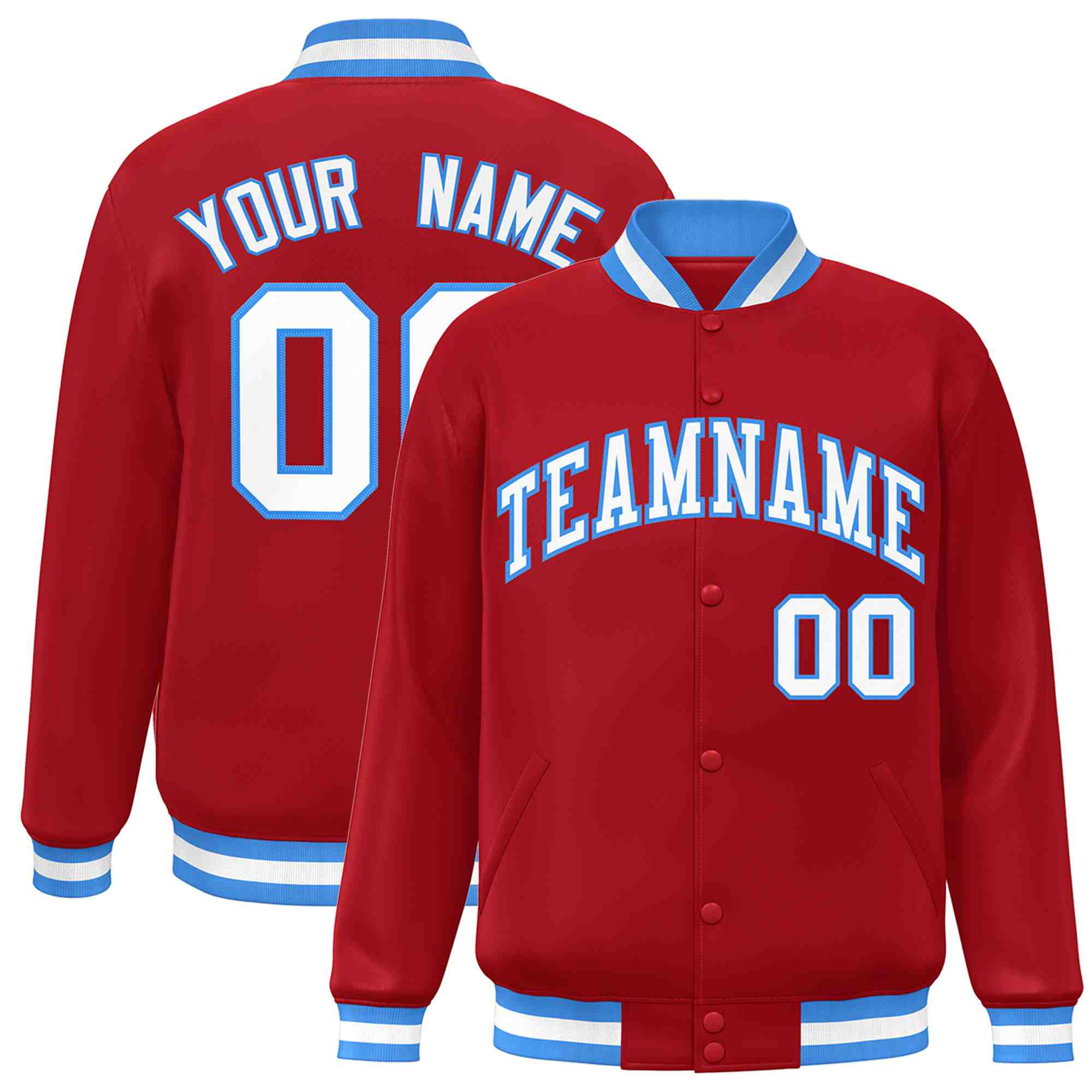 Custom Red White-Powder Blue Classic Style Varsity Full-Snap Letterman Jacket