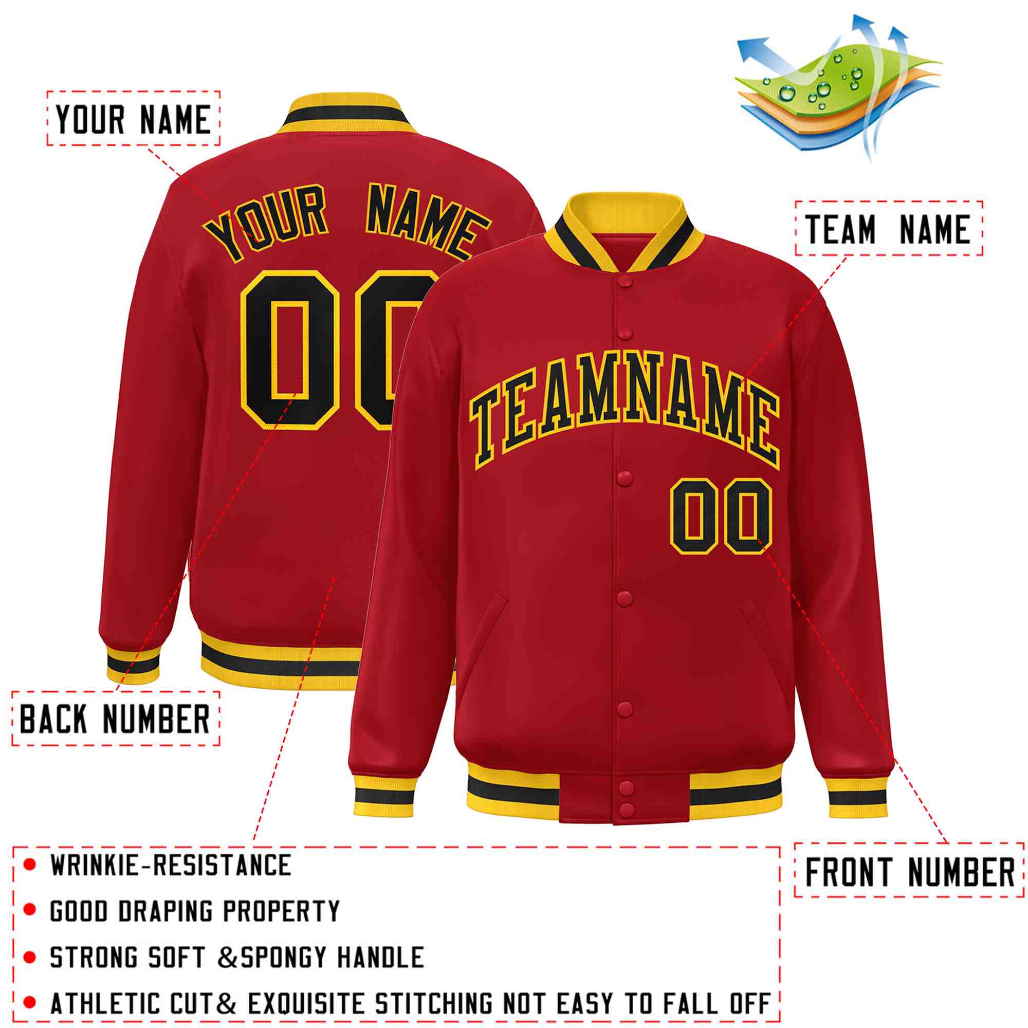 Custom Red Black-Gold Classic Style Varsity Full-Snap Letterman Jacket