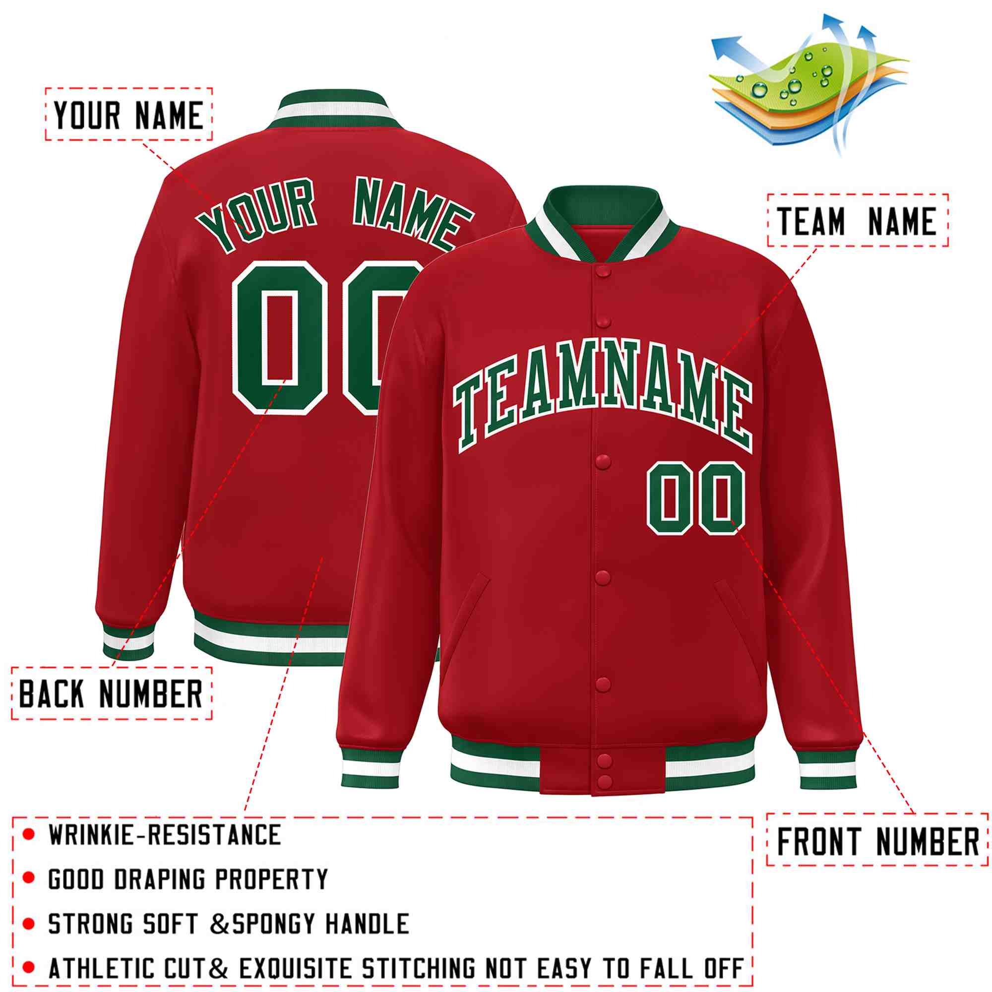 Custom Red Green-White Classic Style Varsity Full-Snap Letterman Jacket