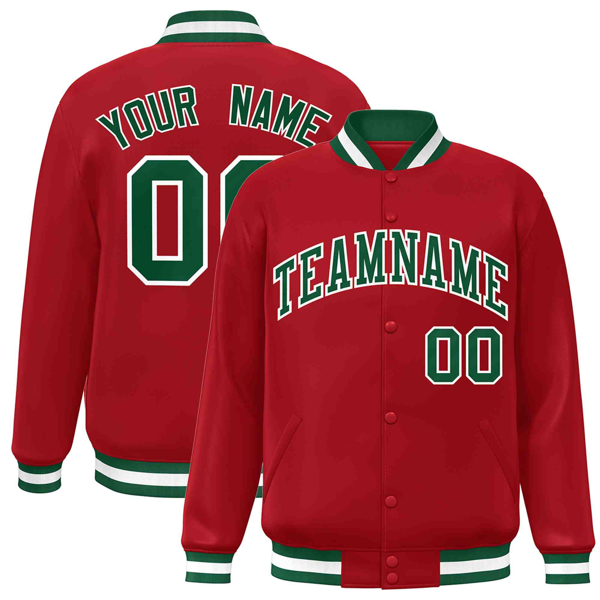 Custom Red Green-White Classic Style Varsity Full-Snap Letterman Jacket