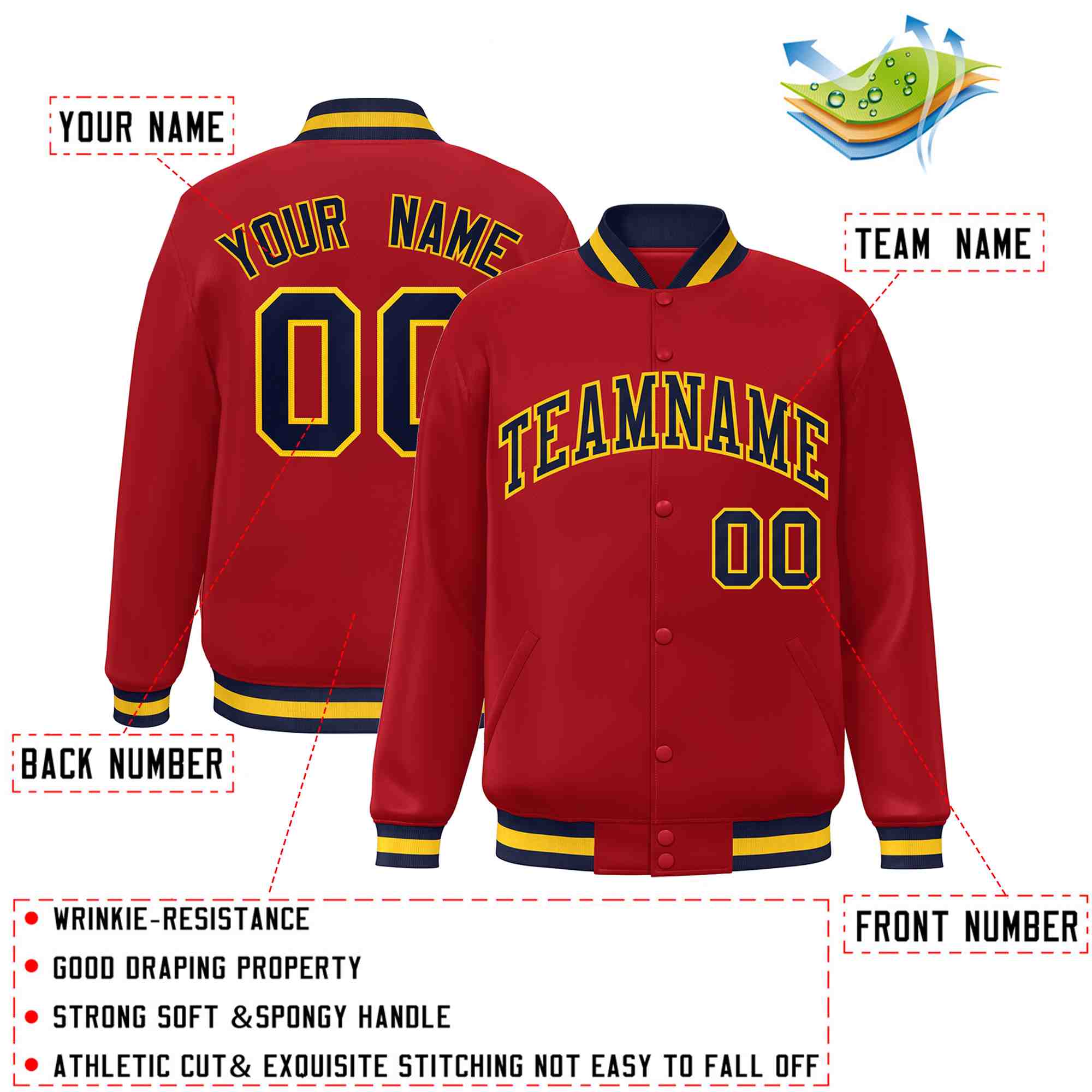 Custom Red Navy-Gold Classic Style Varsity Full-Snap Letterman Jacket