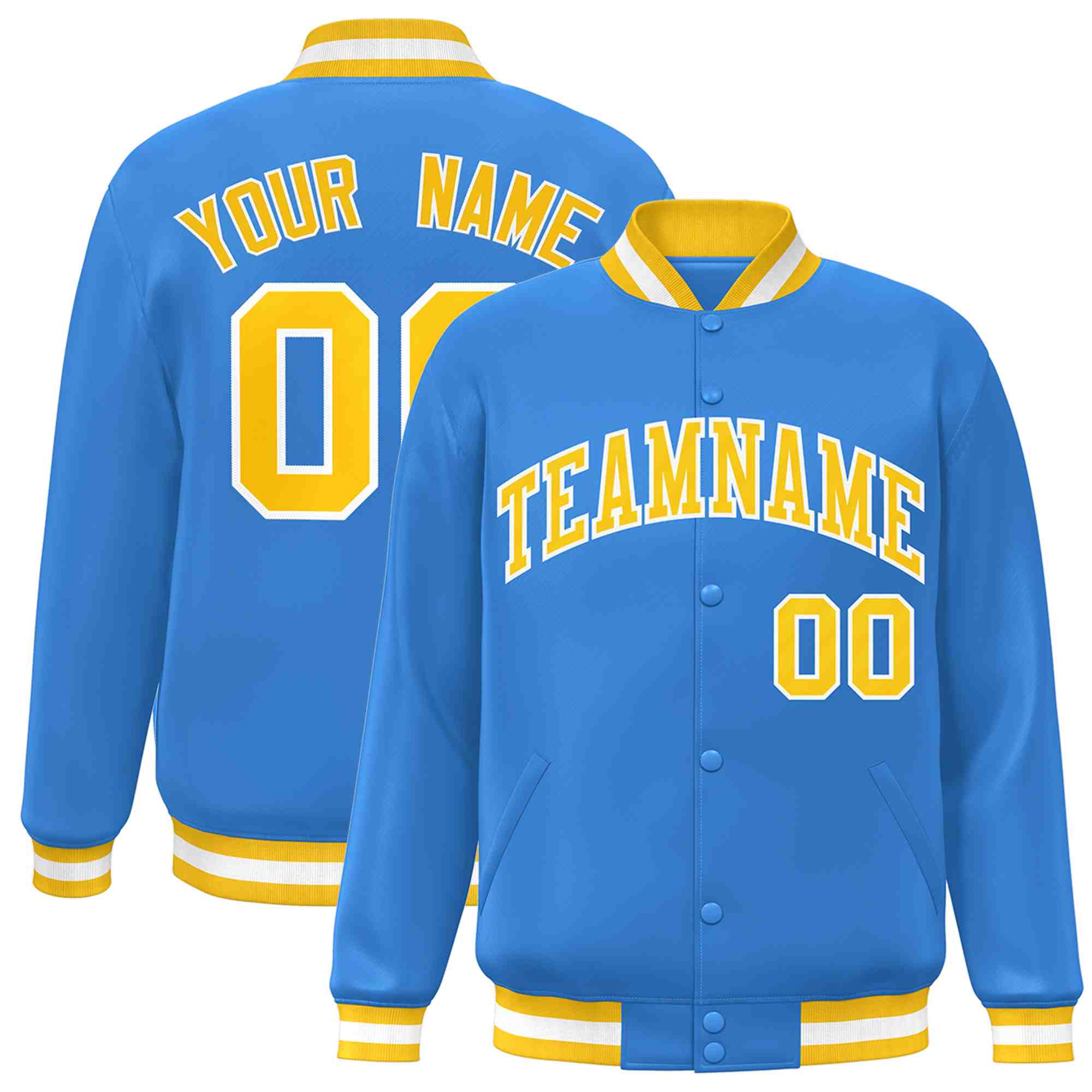 Custom Powder Blue Gold-White Classic Style Varsity Full-Snap Letterman Jacket