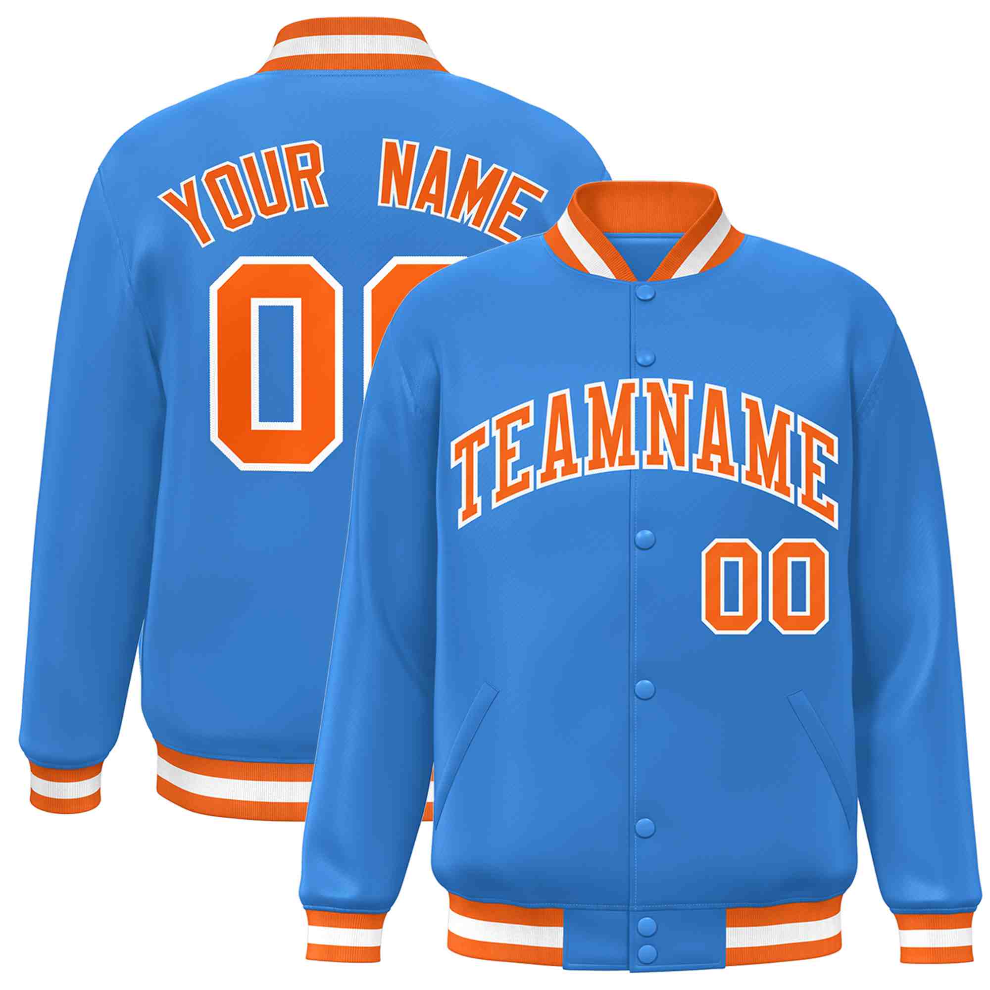 Custom Powder Blue Orange-White Classic Style Varsity Full-Snap Letterman Jacket