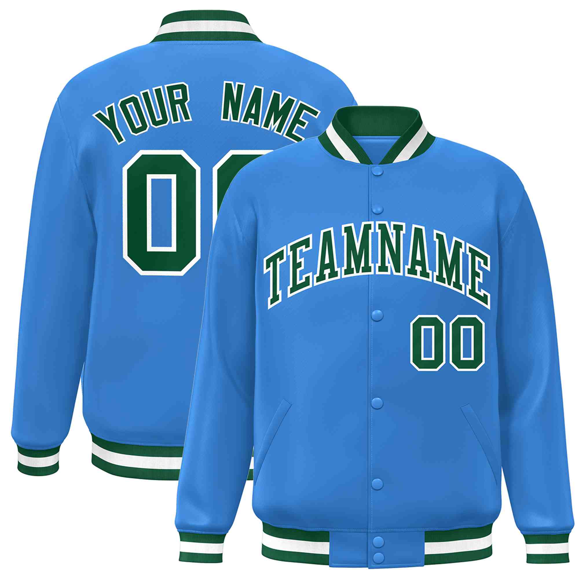 Custom Powder Blue Green-White Classic Style Varsity Full-Snap Letterman Jacket