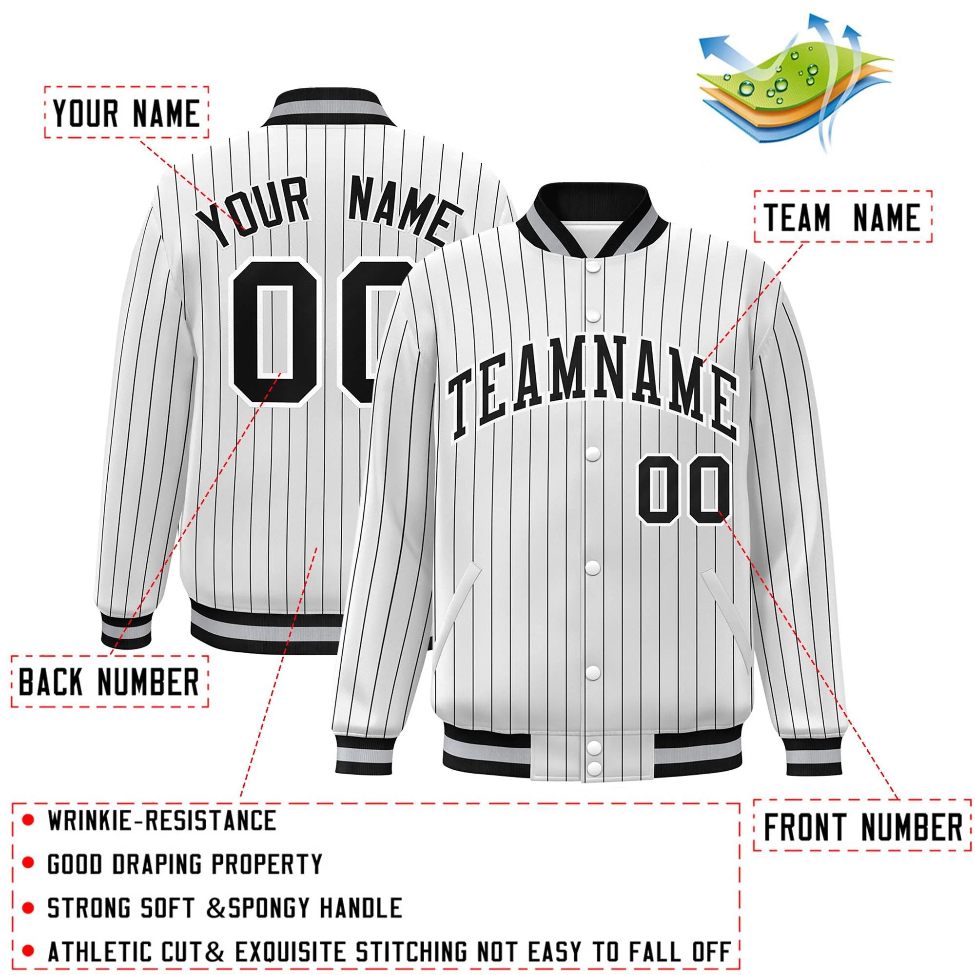 Custom White Black-White Stripe Fashion Letterman Bomber Varsity Jacket