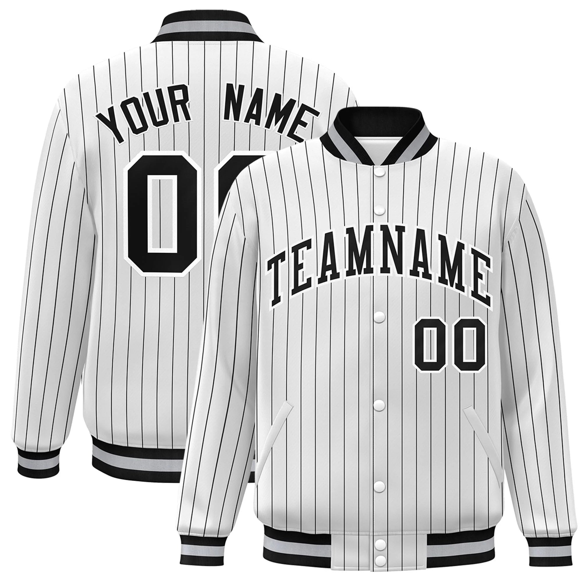 Custom White Black-White Stripe Fashion Letterman Bomber Varsity Jacket