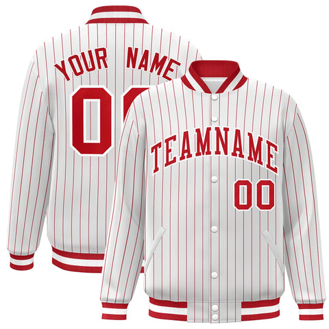 Custom White Red-White Stripe Fashion Letterman Bomber Varsity Jacket