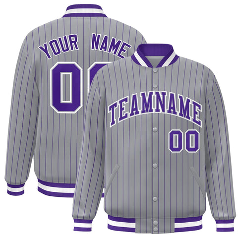 Custom Gray Purple-White Stripe Fashion Letterman Bomber Varsity Jacket