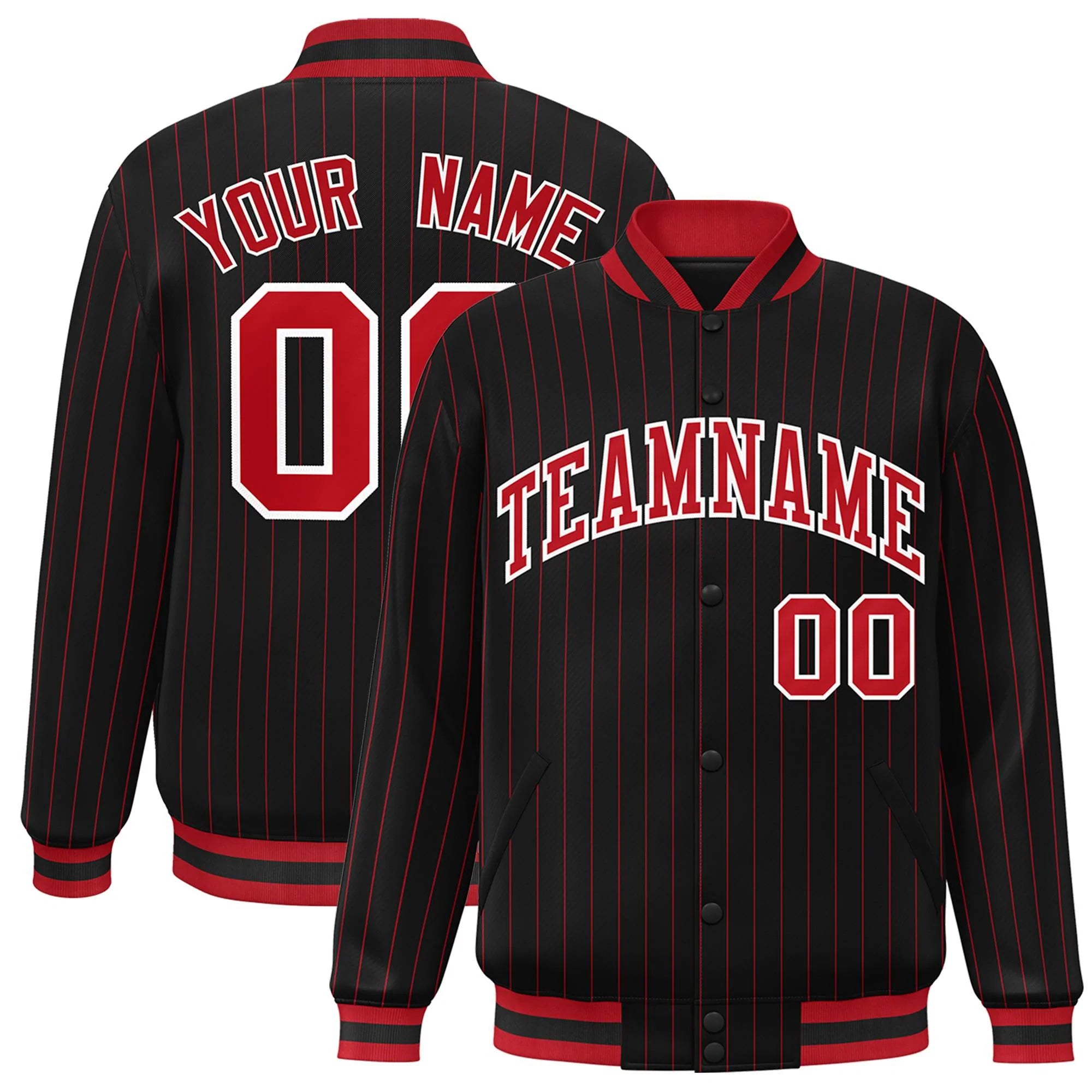 Custom Black Red-White Stripe Fashion Letterman Bomber Varsity Jacket