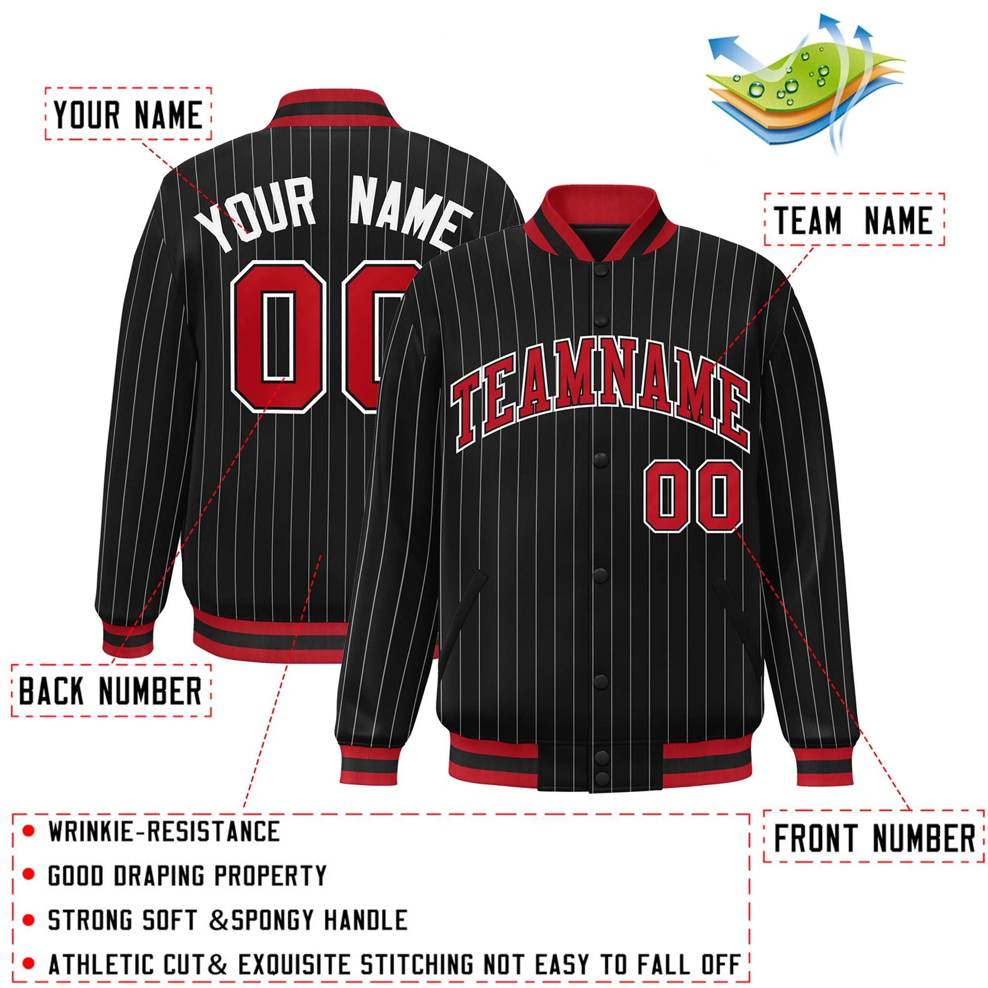 Custom Black Red-White Stripe Fashion Letterman Bomber Varsity Jacket