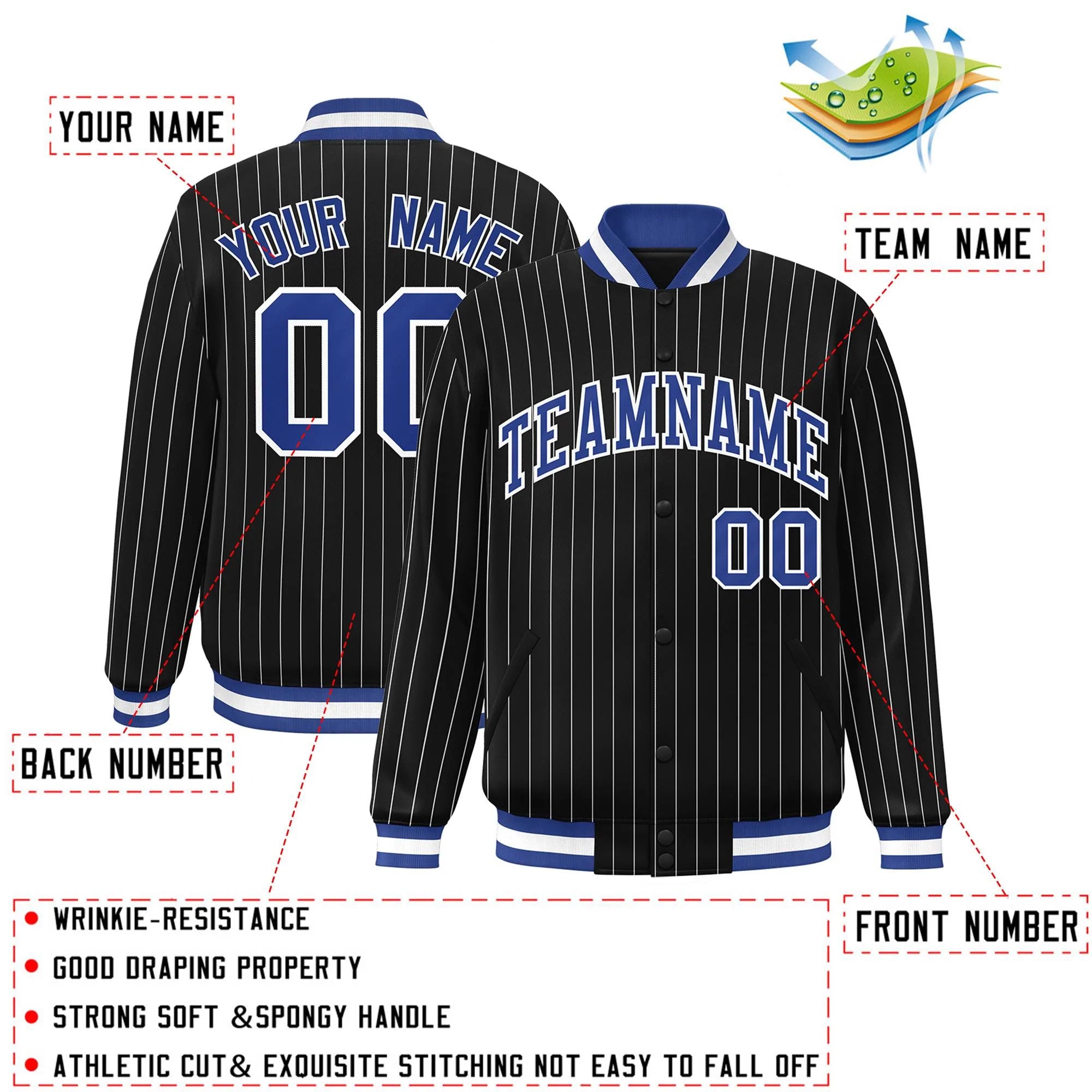 Custom Black Royal-White Stripe Fashion Letterman Bomber Varsity Jacket