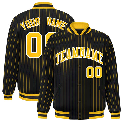 Custom Black Gold-White Stripe Fashion Letterman Bomber Varsity Jacket