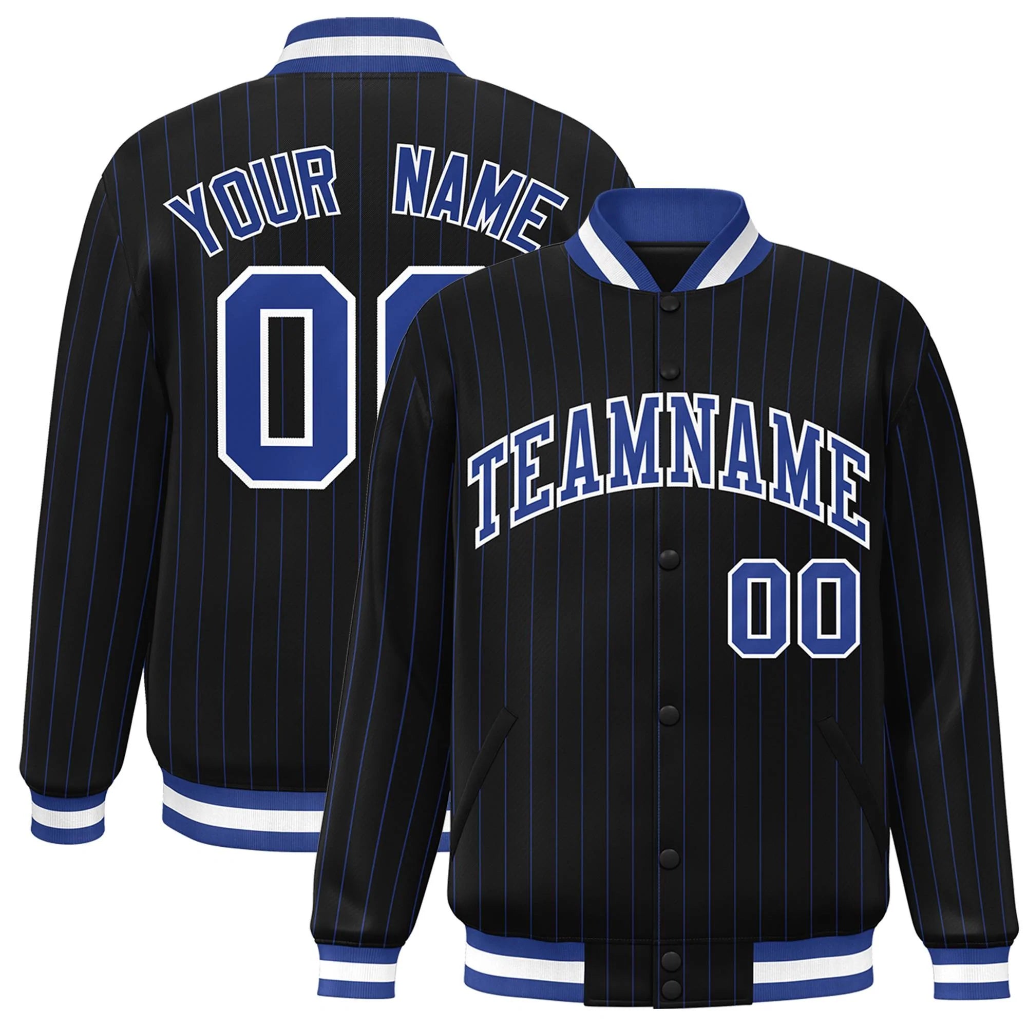 Custom Black Royal-White Stripe Fashion Letterman Bomber Varsity Jacket