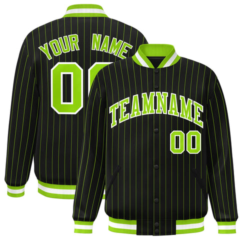 Custom Black Neon Green-White Stripe Fashion Letterman Bomber Varsity Jacket