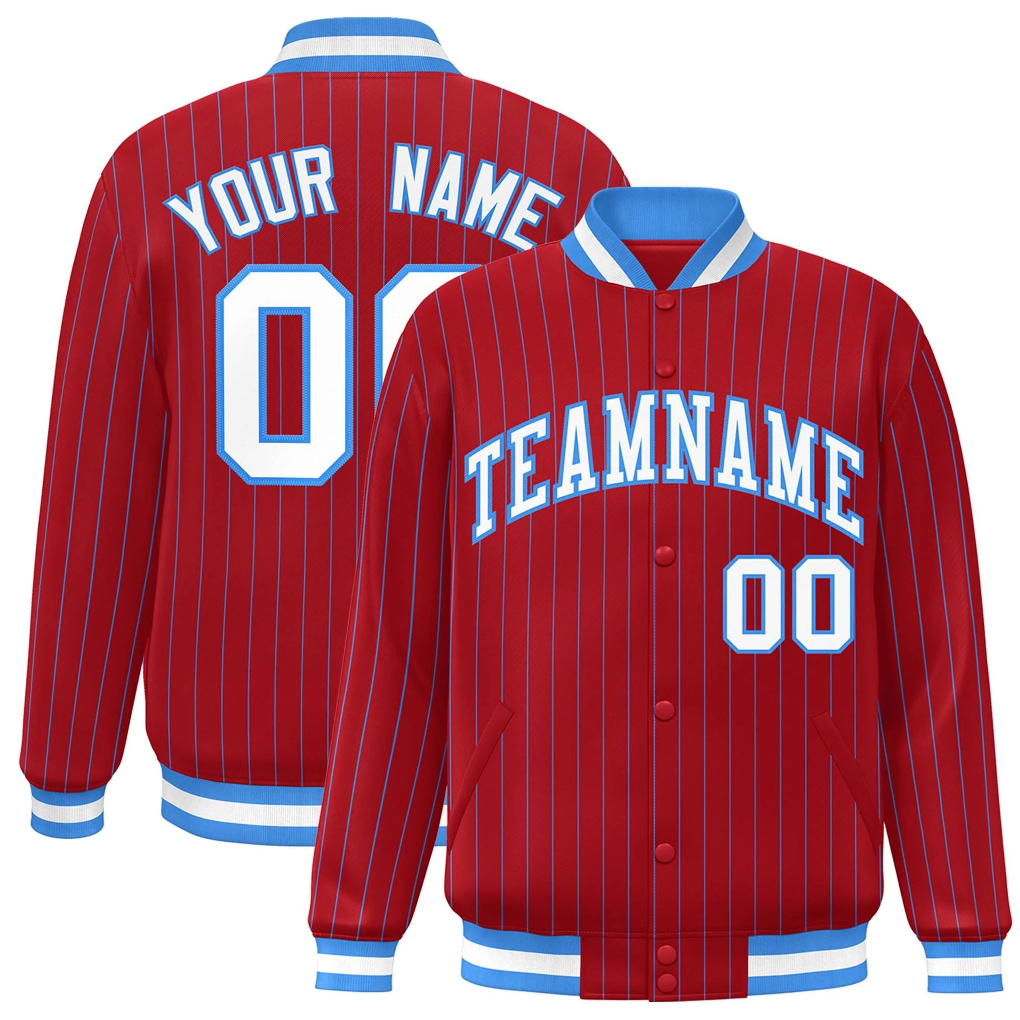 Custom Red White-Powder Blue Stripe Fashion Letterman Bomber Varsity Jacket