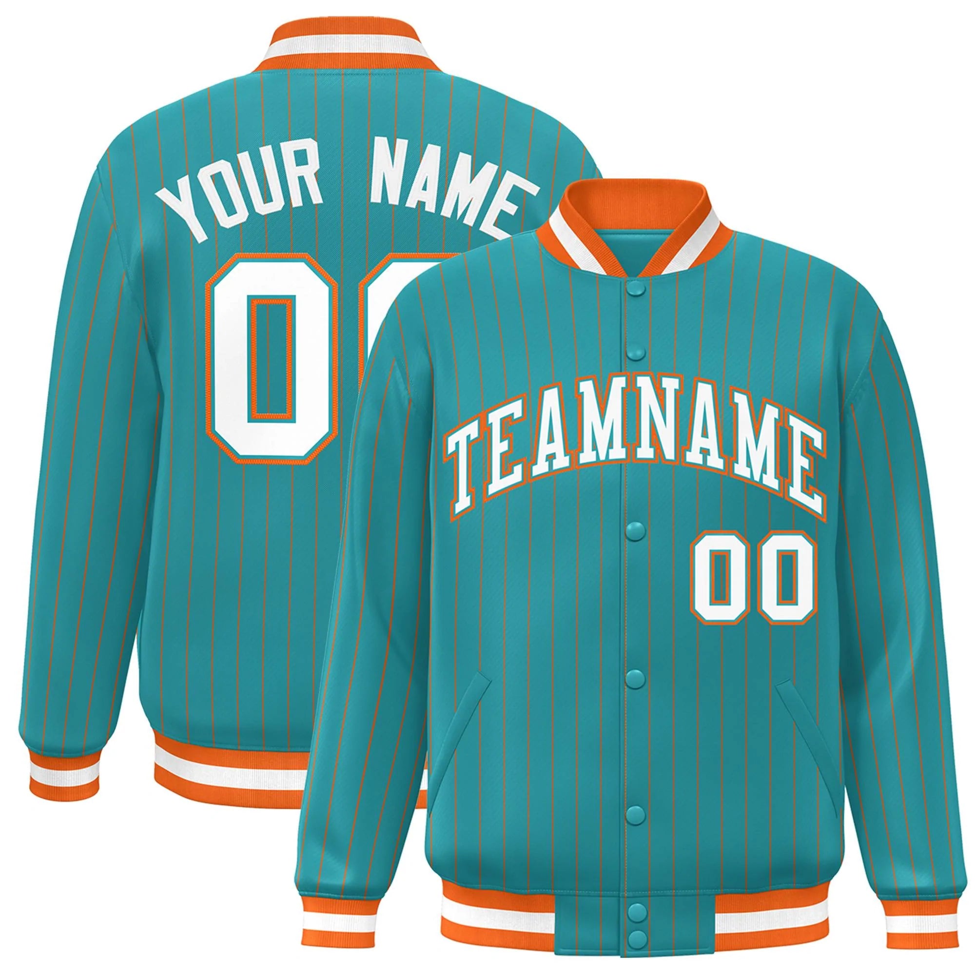 Custom Aqua White-Orange Stripe Fashion Varsity Bomber Jacket for Teams