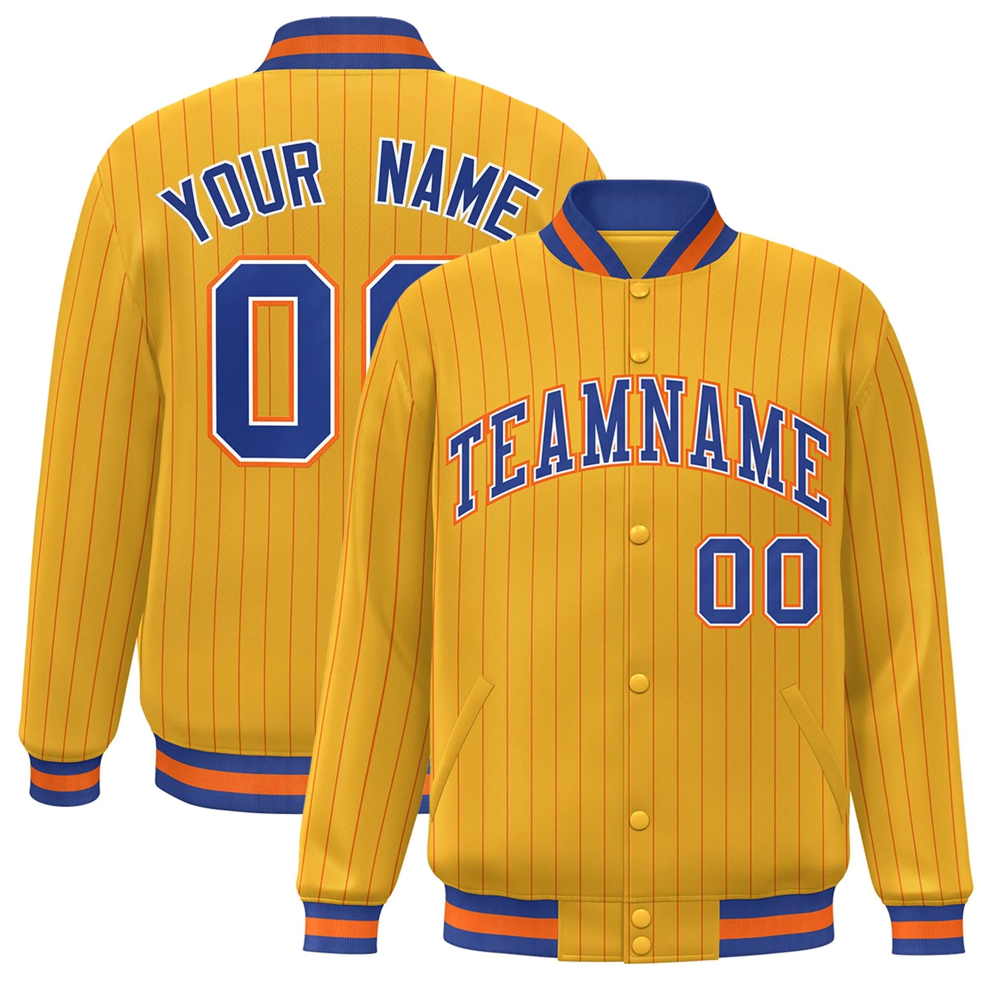 Custom Gold Royal-Orange Varsity Stripe Fashion Jacket for Teams