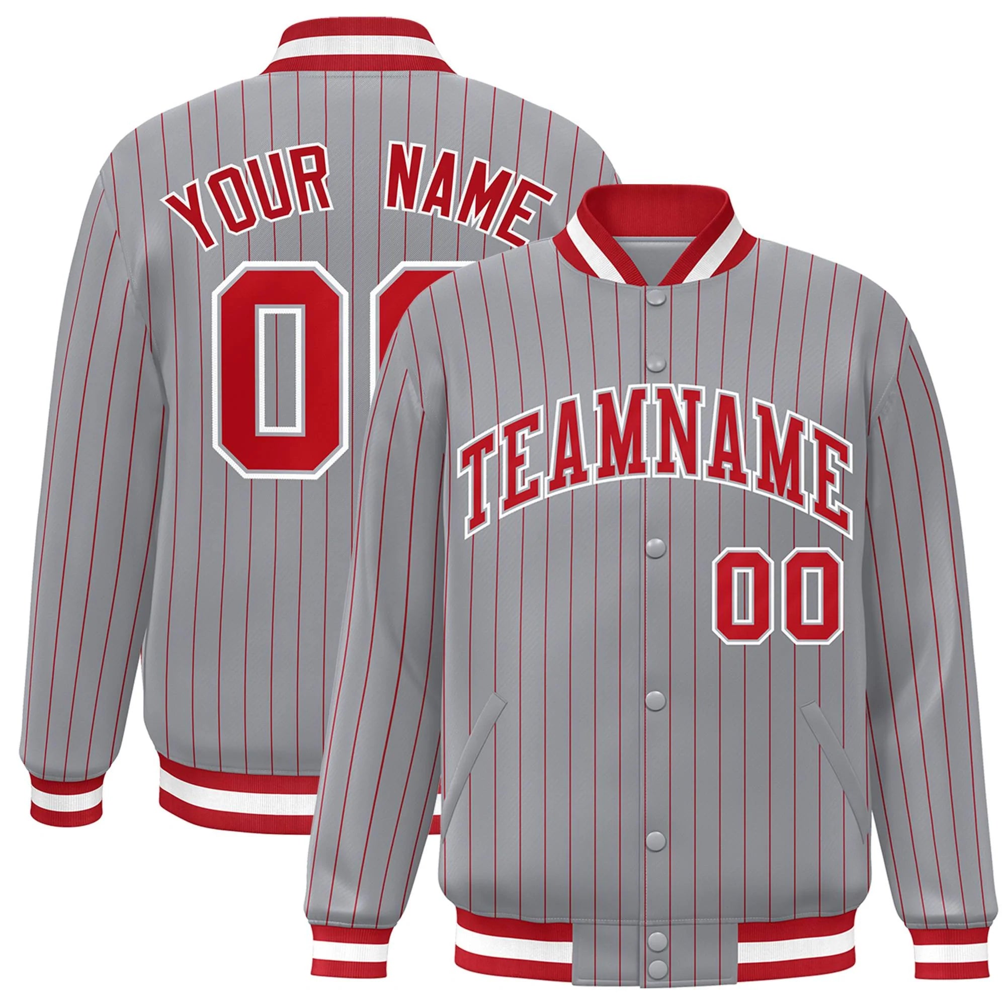 Custom Gray Red-White Stripe Fashion Letterman Bomber Varsity Jacket