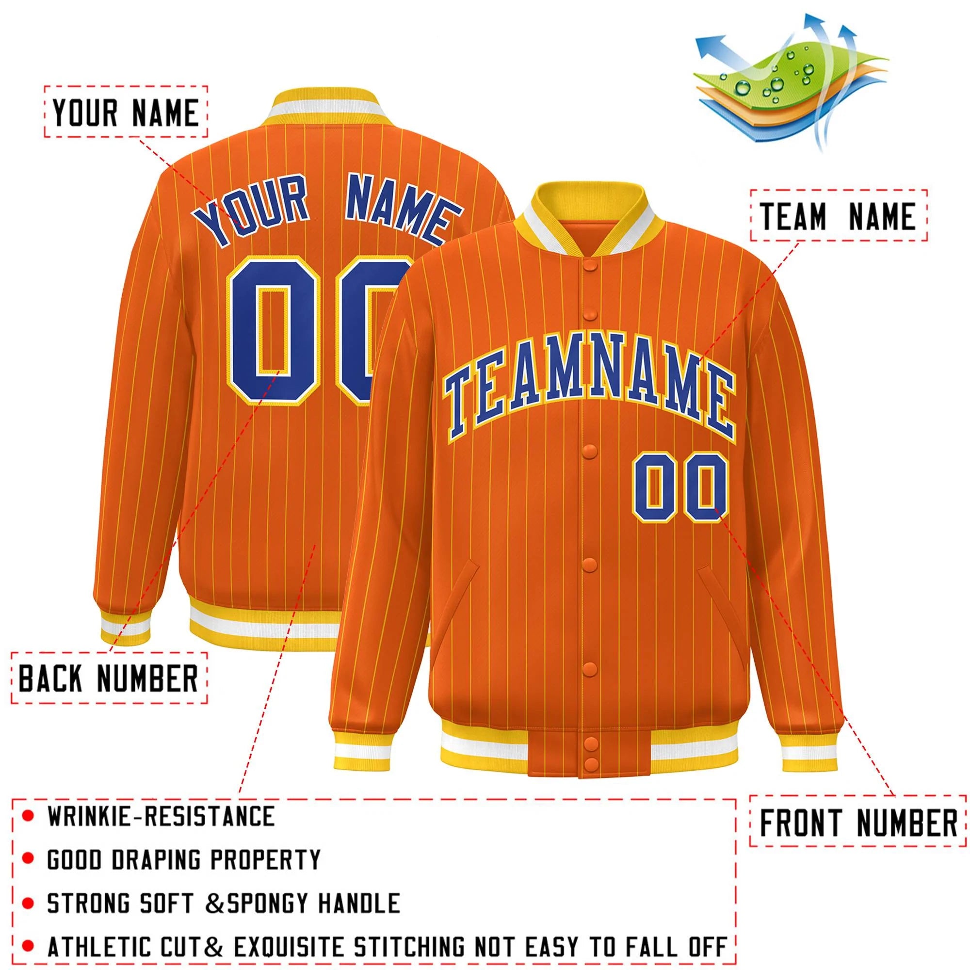 Custom Orange Royal-Gold Stripe Fashion Letterman Bomber Varsity Jacket