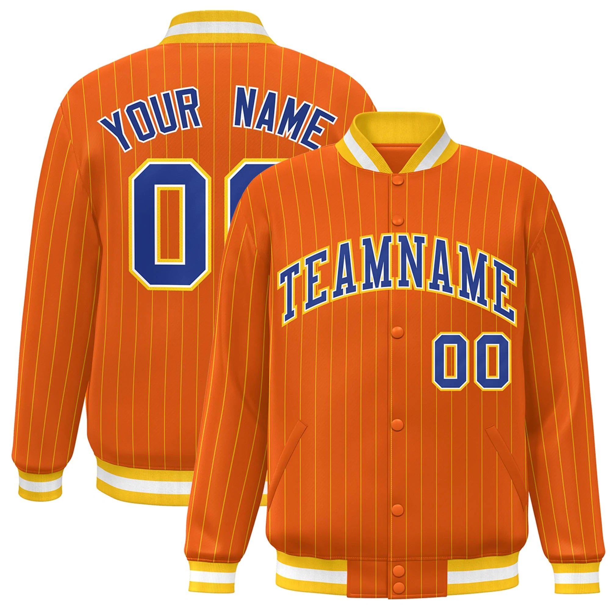 Custom Orange Royal-Gold Stripe Fashion Letterman Bomber Varsity Jacket