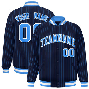 Custom Navy Powder Blue-White Stripe Fashion Letterman Bomber Varsity Jacket