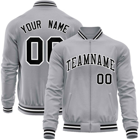 Custom Gray Black Classic Style Varsity Full-Zip Letterman Baseball Jacket