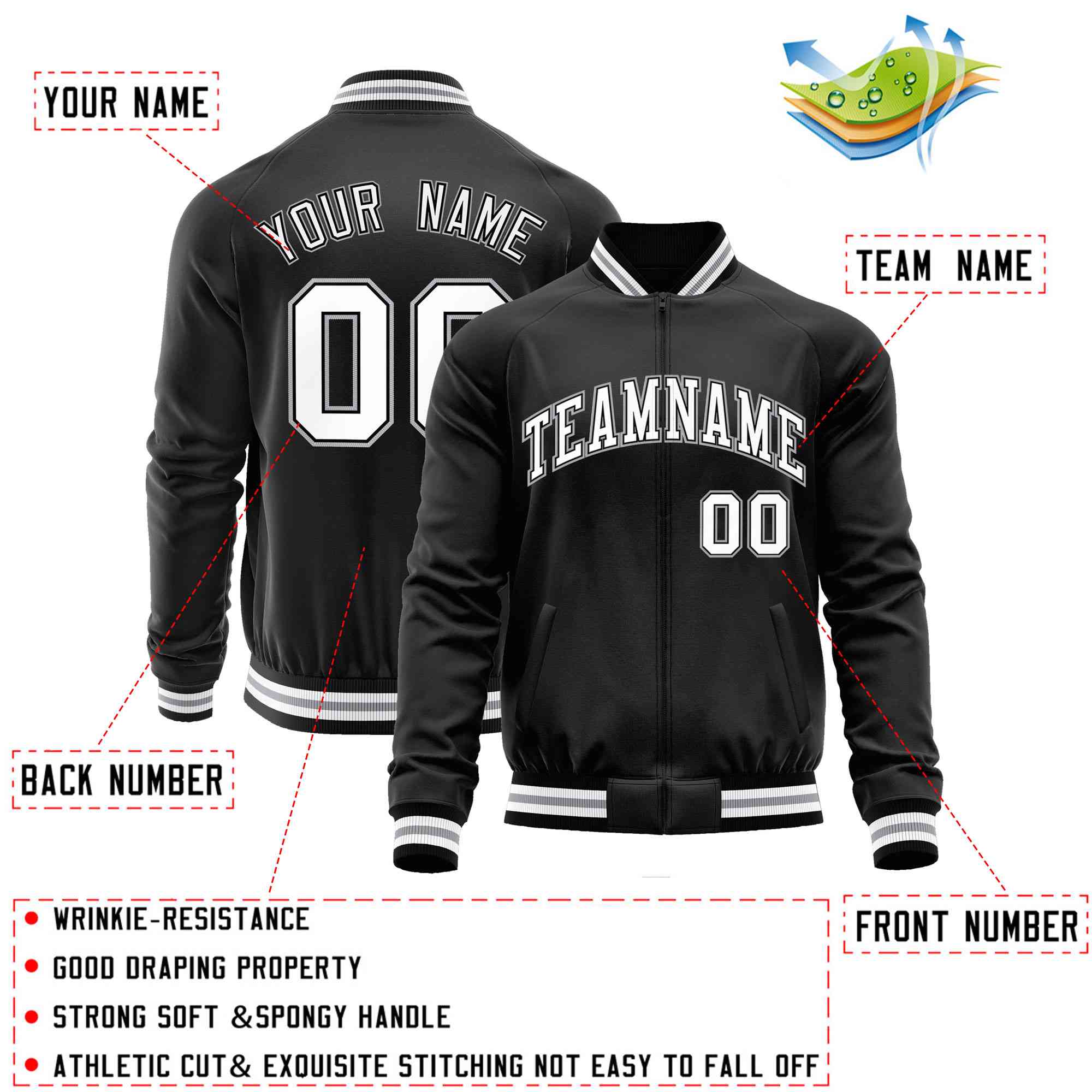 Custom Black White Classic Style Varsity Full-Zip Letterman Baseball Jacket