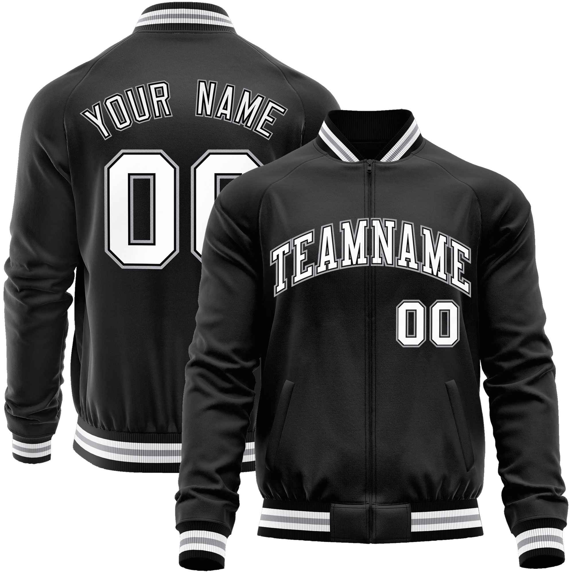 Custom Black White Classic Style Varsity Full-Zip Letterman Baseball Jacket