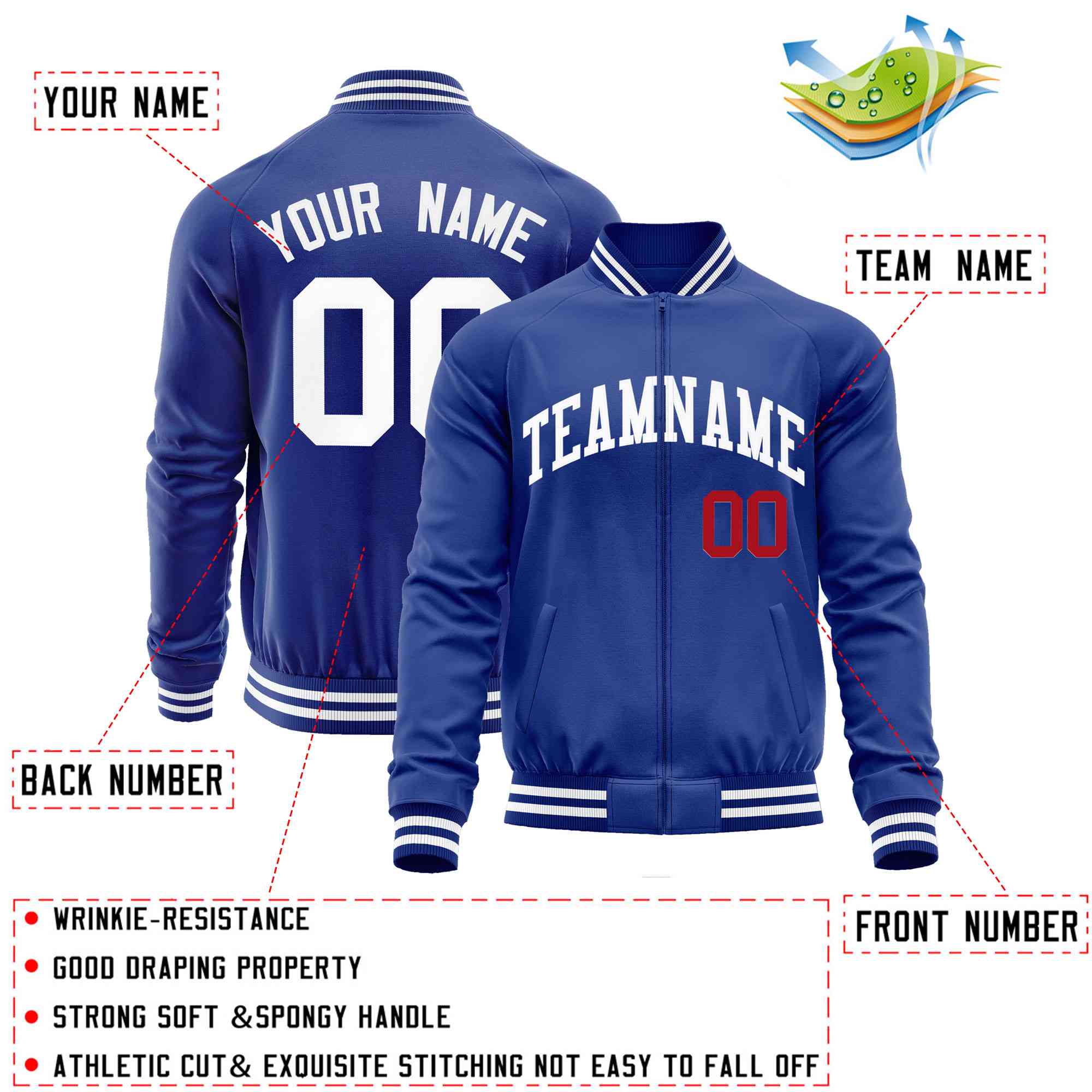 Custom Royal White Classic Style Varsity Full-Zip Letterman Baseball Jacket