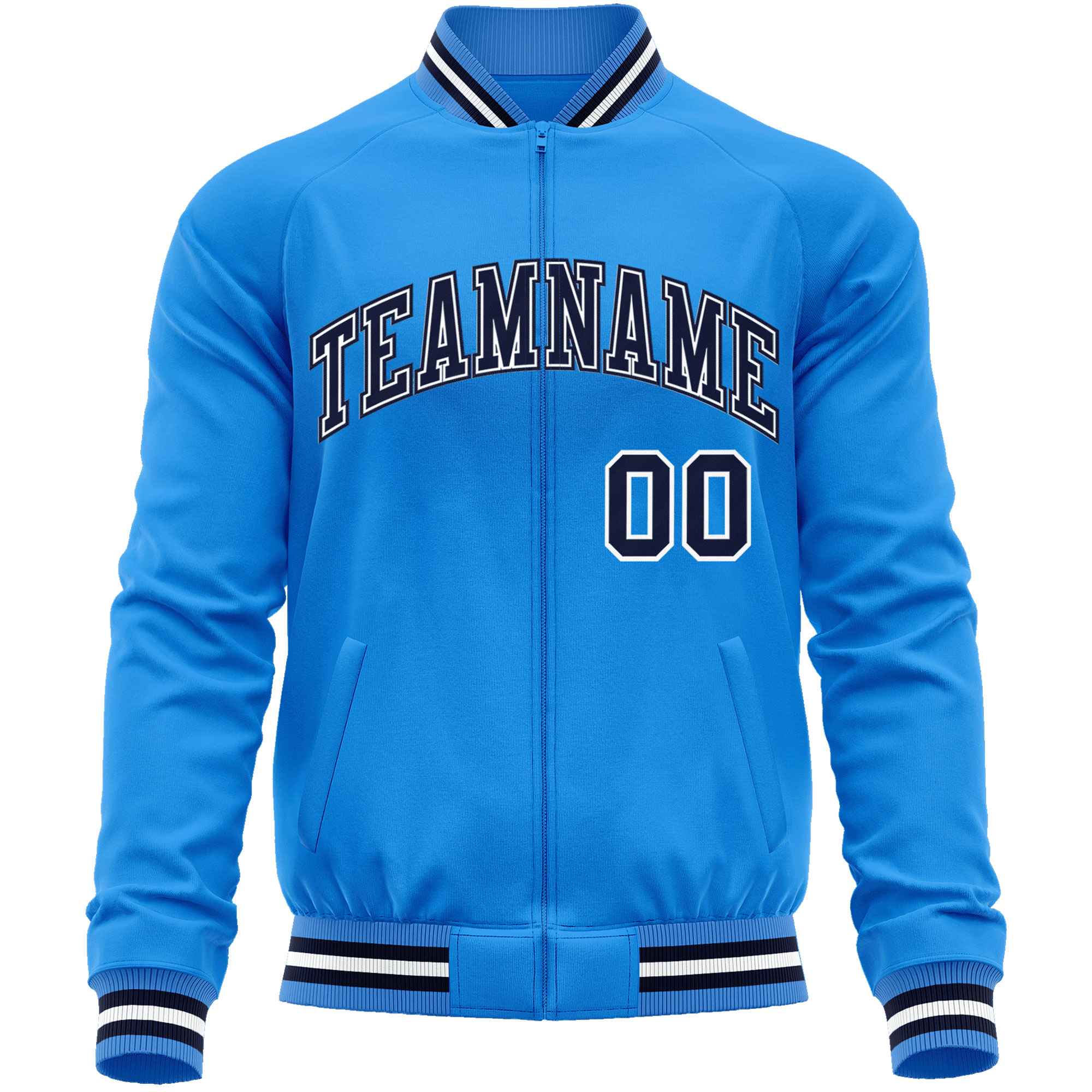 Custom Powder Blue Navy Classic Style Varsity Full-Zip Letterman Baseball Jacket