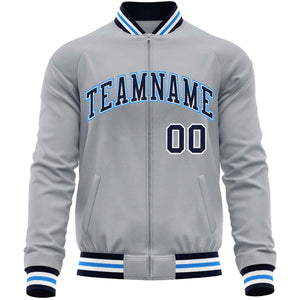 Custom Gray Navy Classic Style Varsity Full-Zip Letterman Baseball Jacket