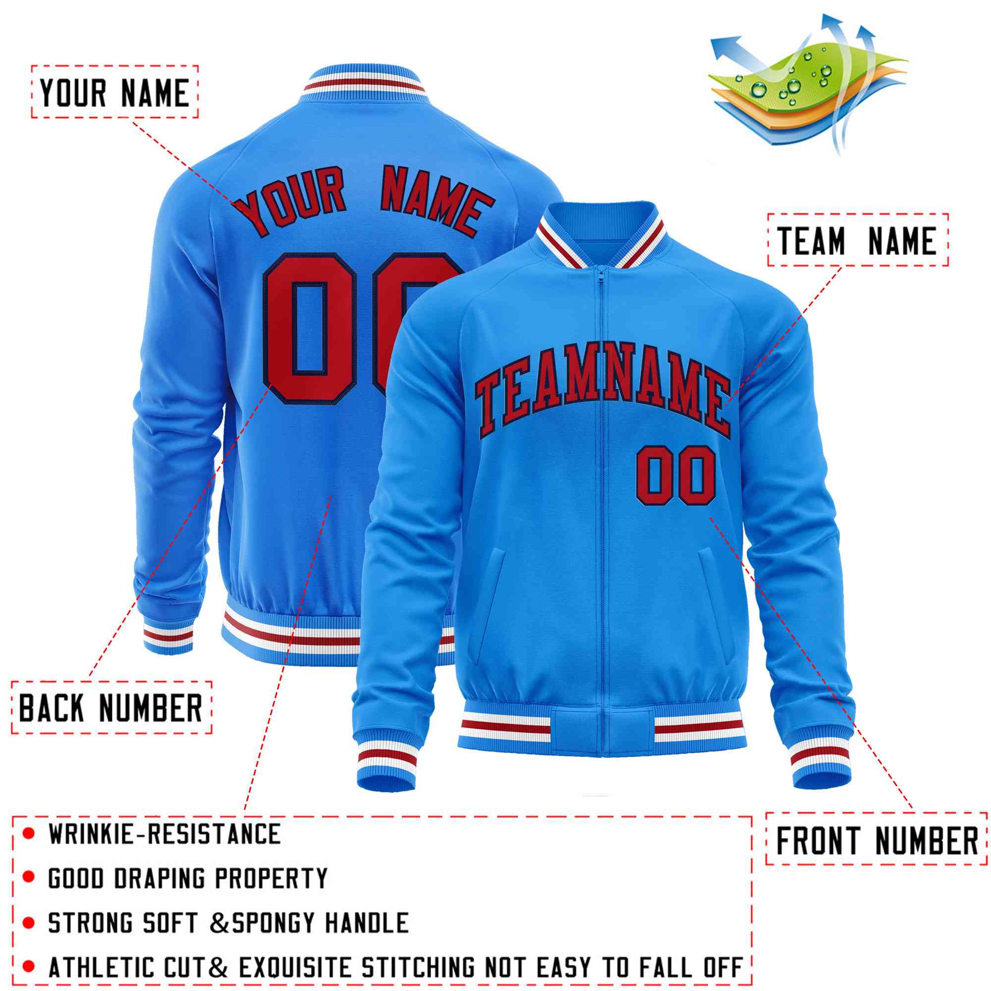 Custom Powder Blue Red Classic Style Varsity Full-Zip Letterman Baseball Jacket