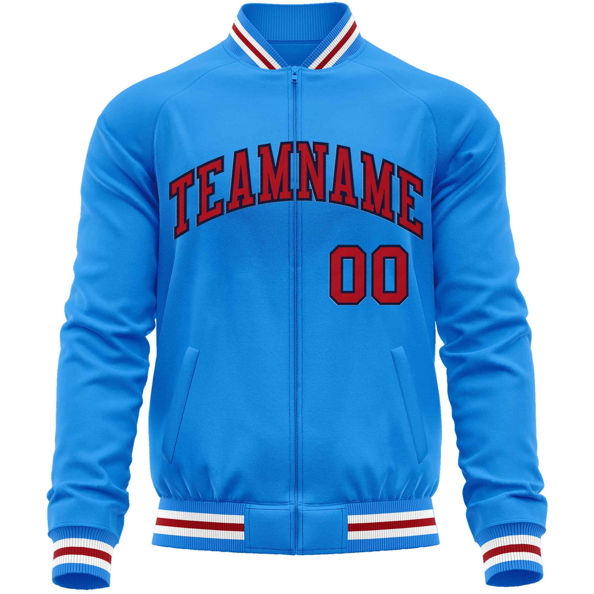 Custom Powder Blue Red Classic Style Varsity Full-Zip Letterman Baseball Jacket