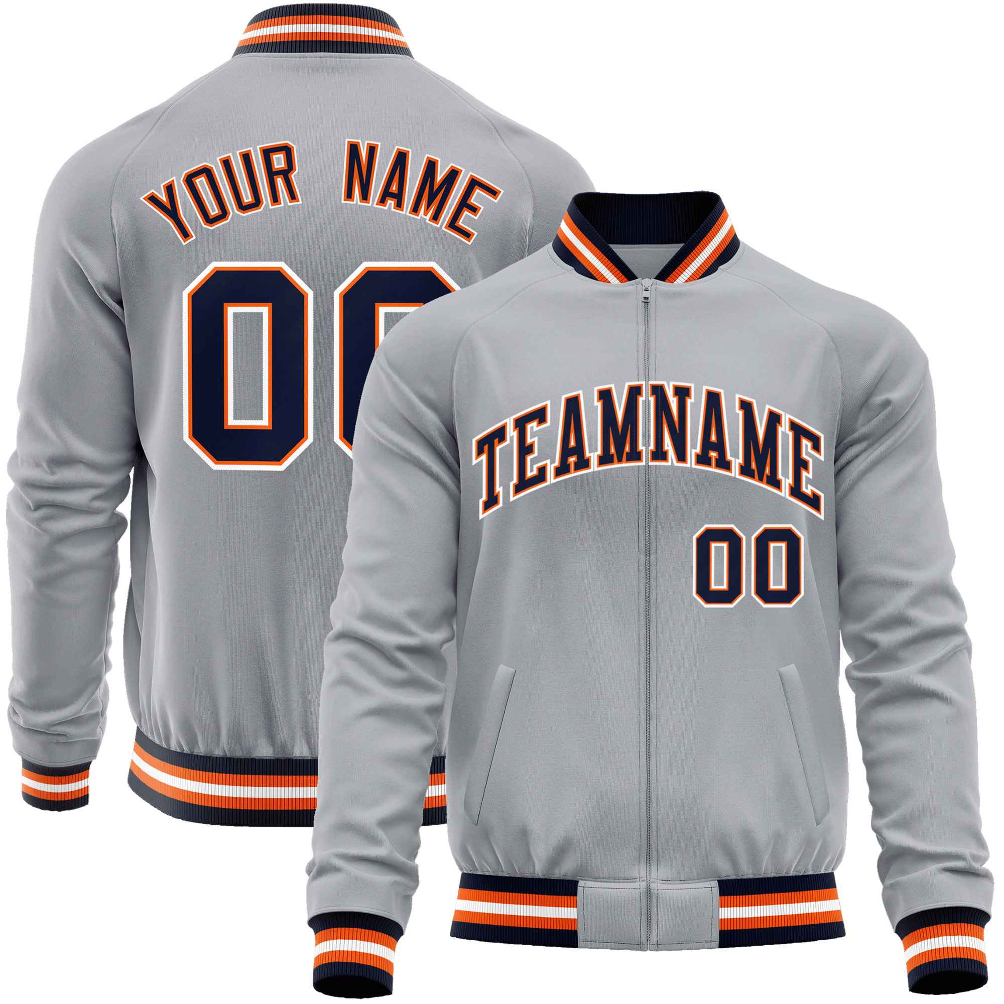 Custom Gray Navy Classic Style Varsity Full-Zip Letterman Baseball Jacket