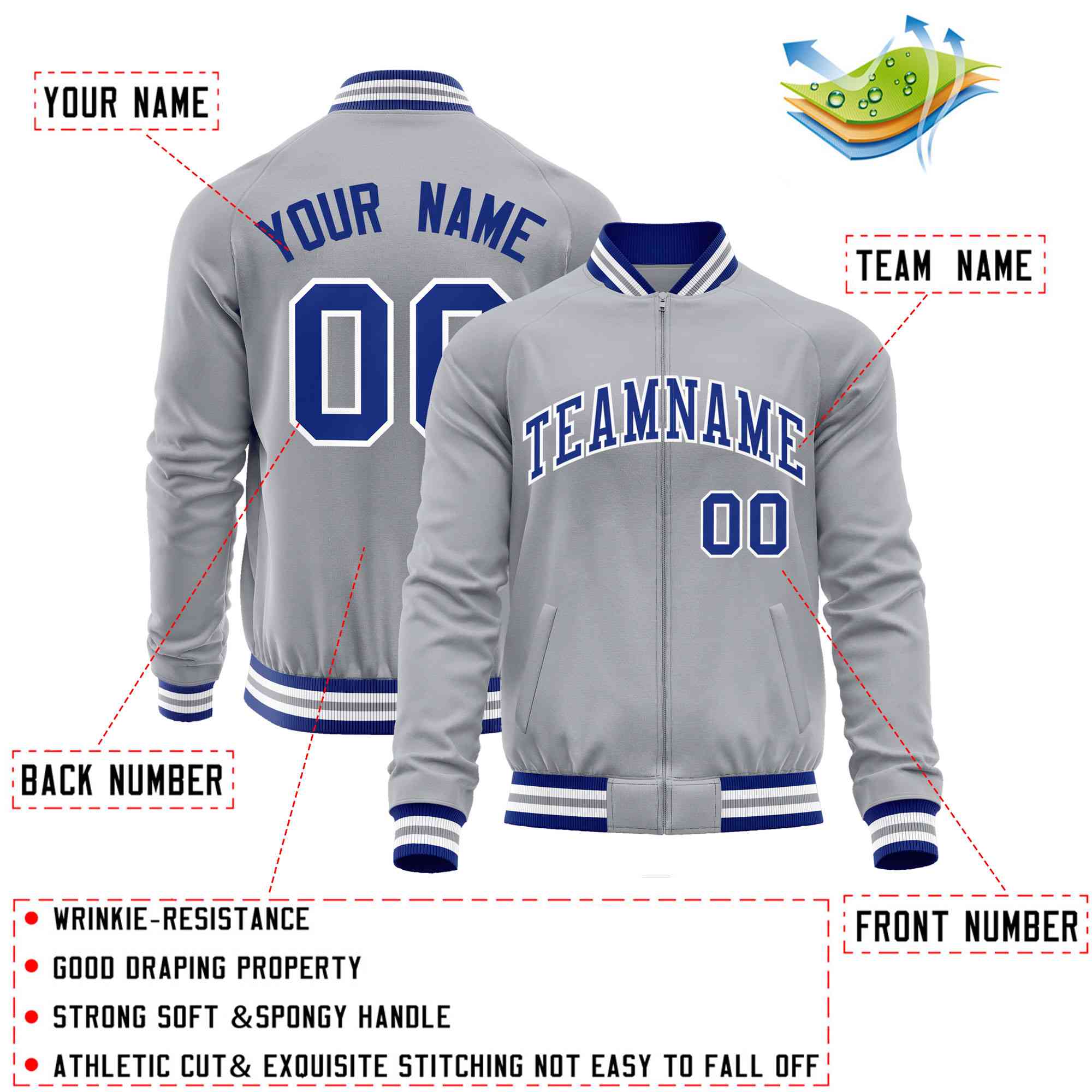 Custom Gray Royal Classic Style Varsity Full-Zip Letterman Baseball Jacket