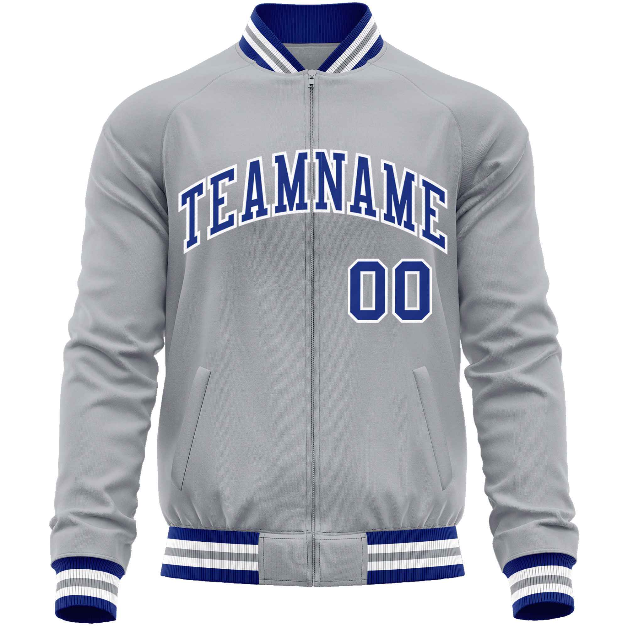 Custom Gray Royal Classic Style Varsity Full-Zip Letterman Baseball Jacket