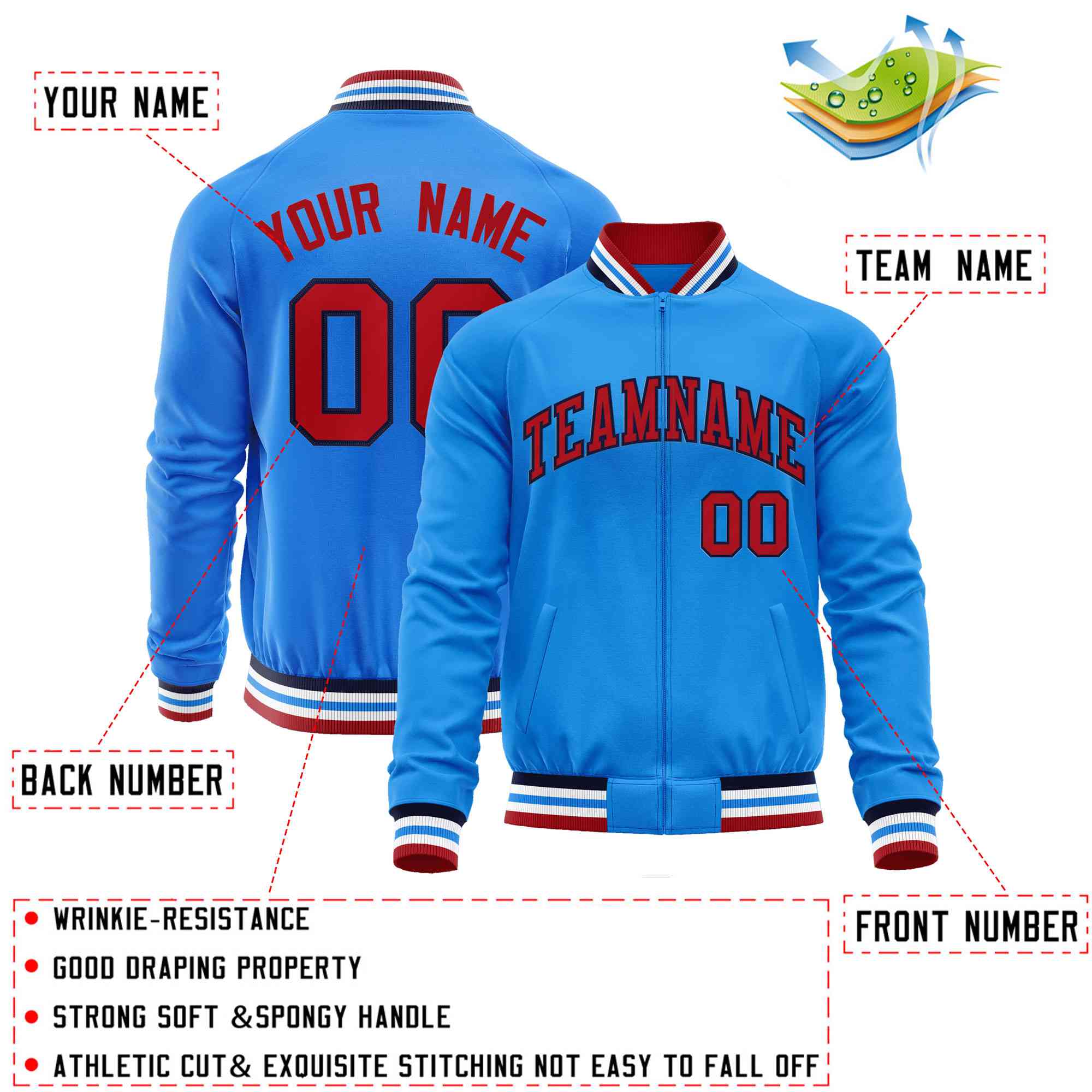 Custom Powder Blue Red Classic Style Varsity Full-Zip Letterman Baseball Jacket